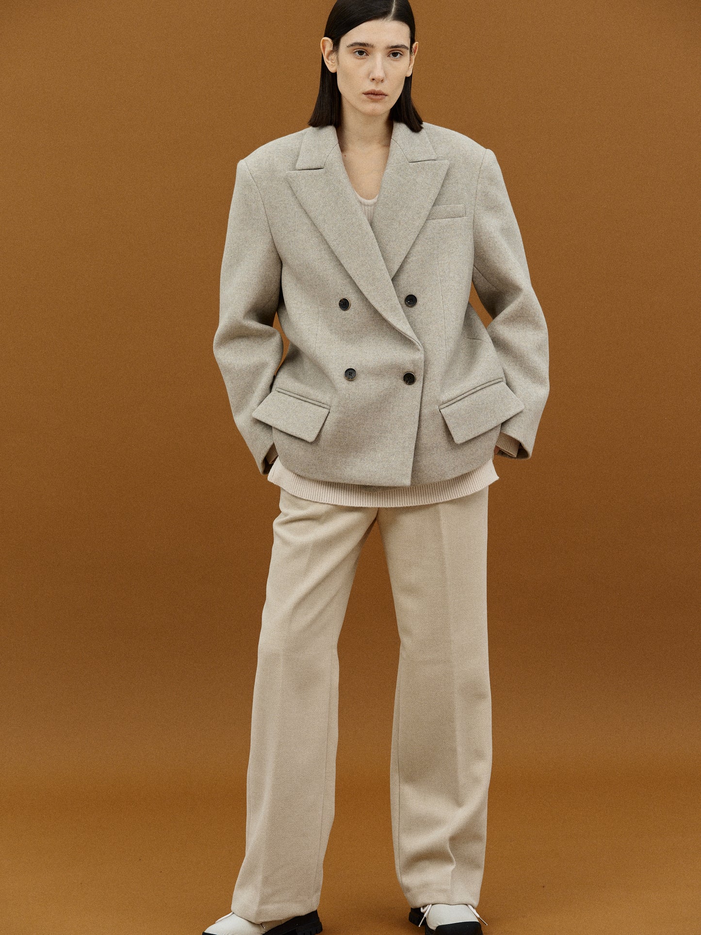 Double Breasted Low Pocket Blazer, Beige