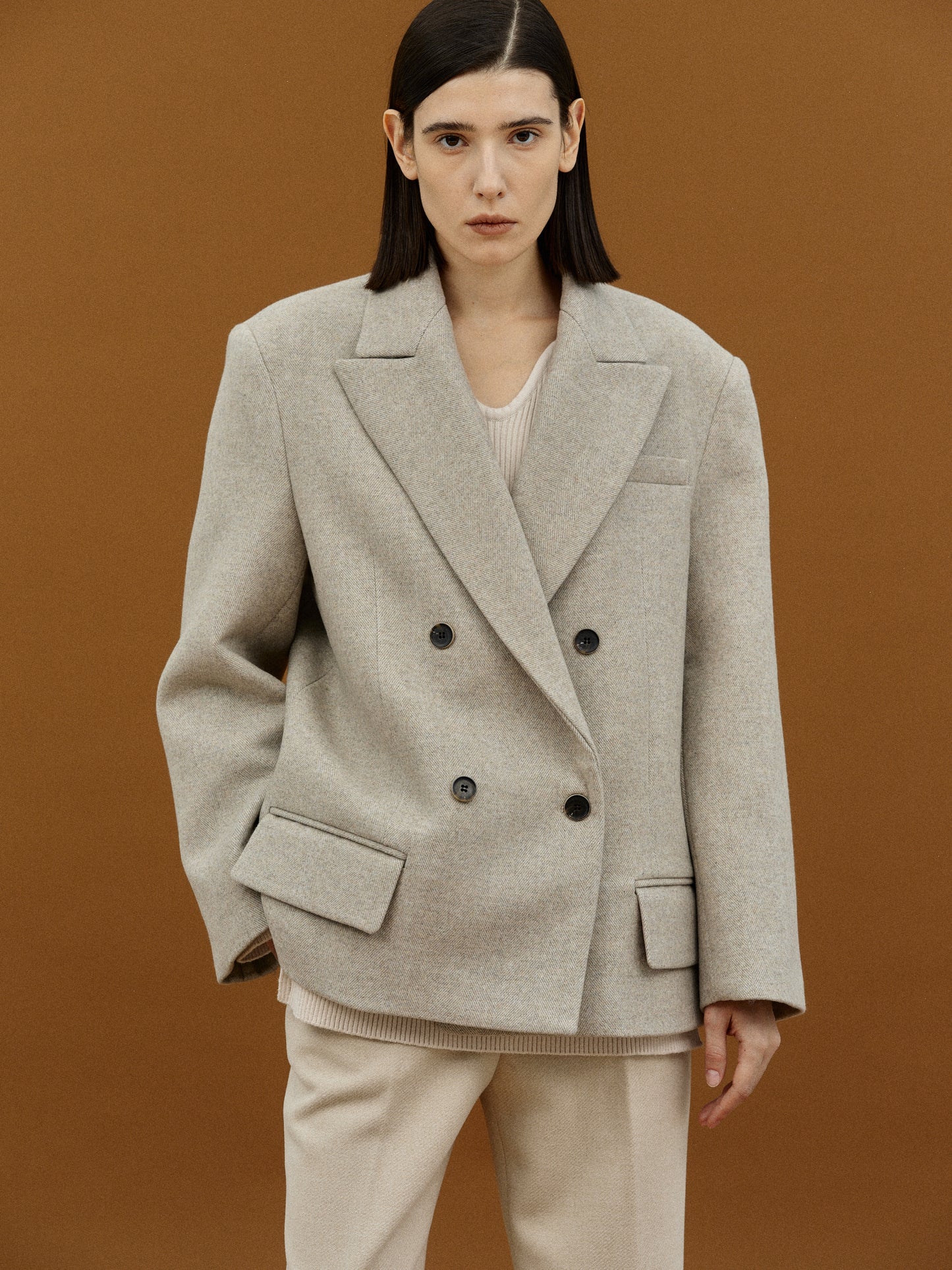 Double Breasted Low Pocket Blazer, Beige