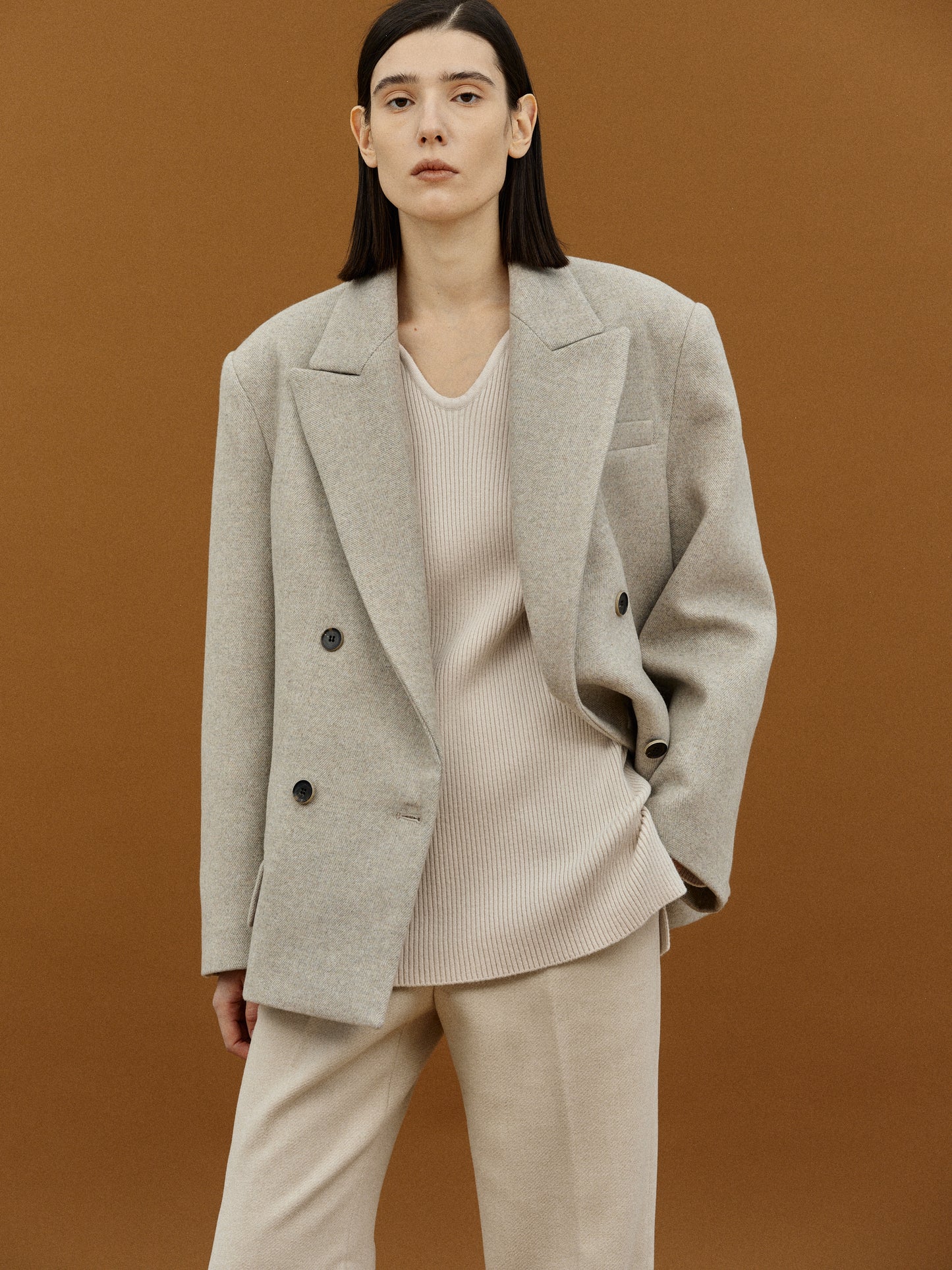Double Breasted Low Pocket Blazer, Beige