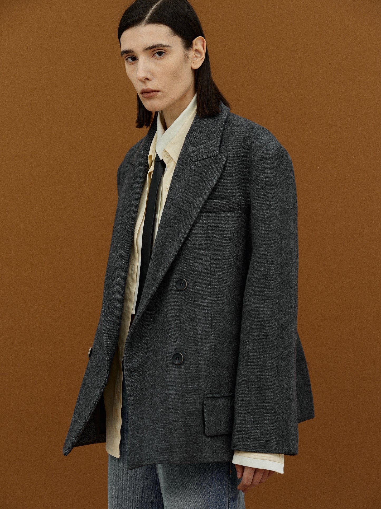 Double Breasted Low Pocket Blazer, Charcoal