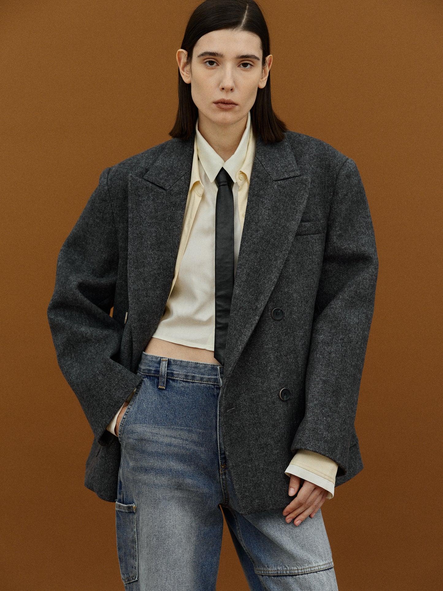 Double Breasted Low Pocket Blazer, Charcoal