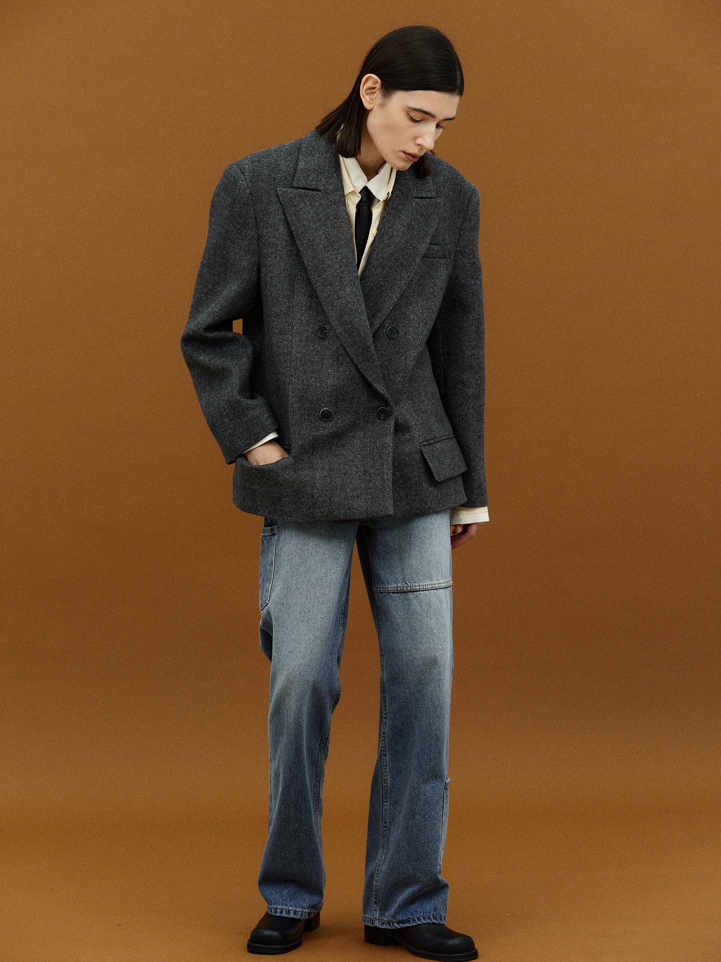 Double Breasted Low Pocket Blazer, Charcoal