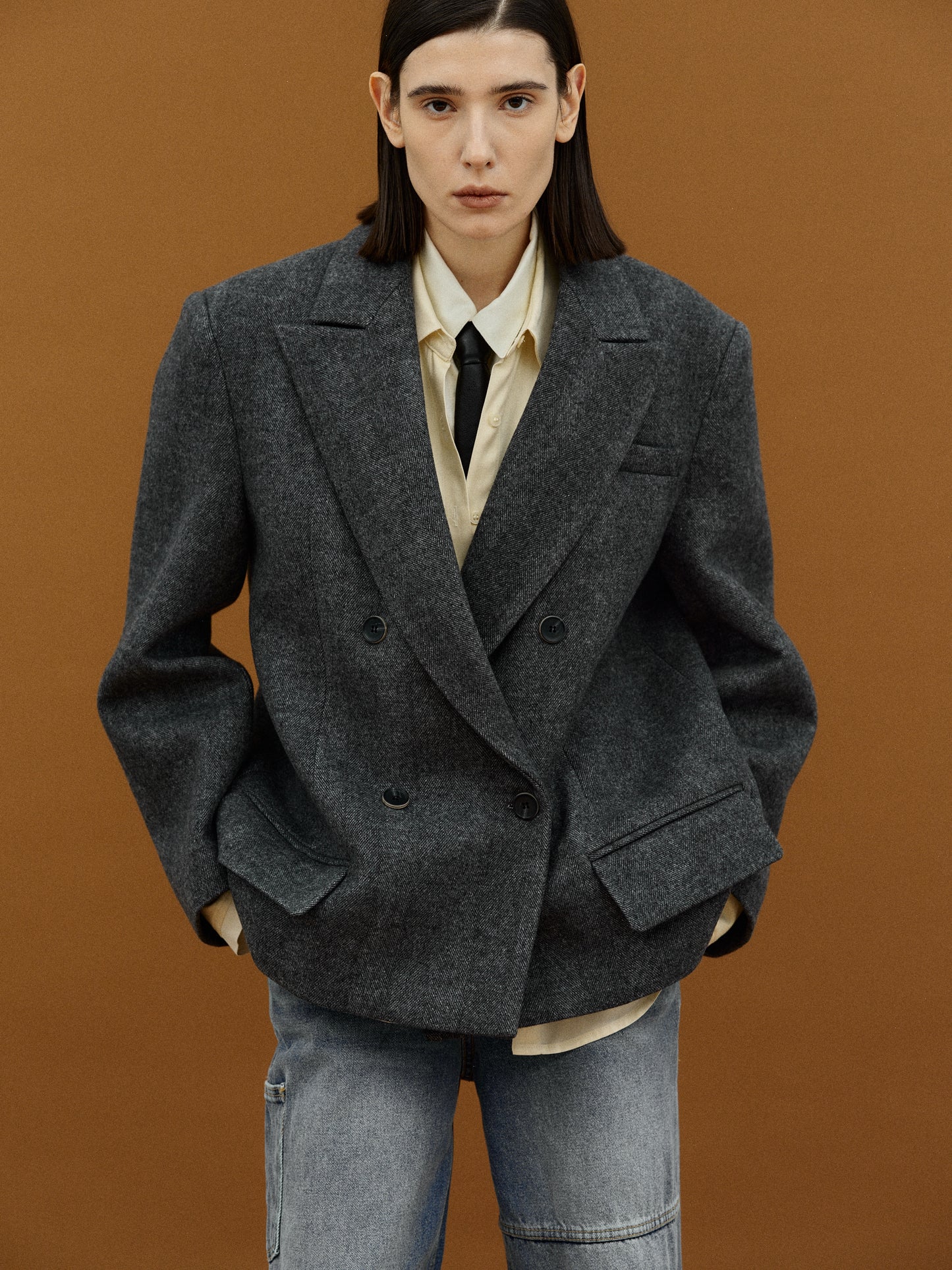 Double Breasted Low Pocket Blazer, Charcoal