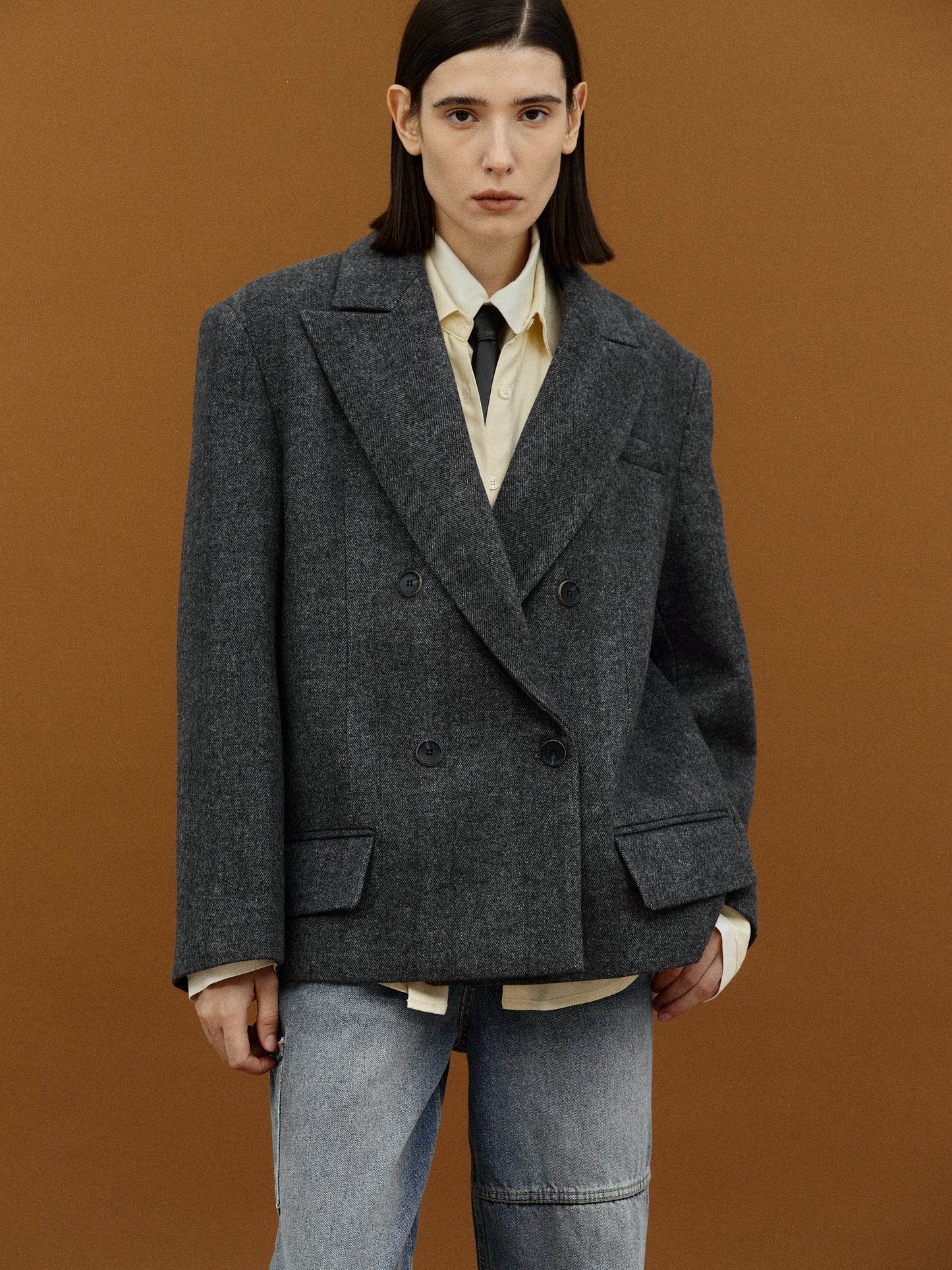 Double Breasted Low Pocket Blazer, Charcoal
