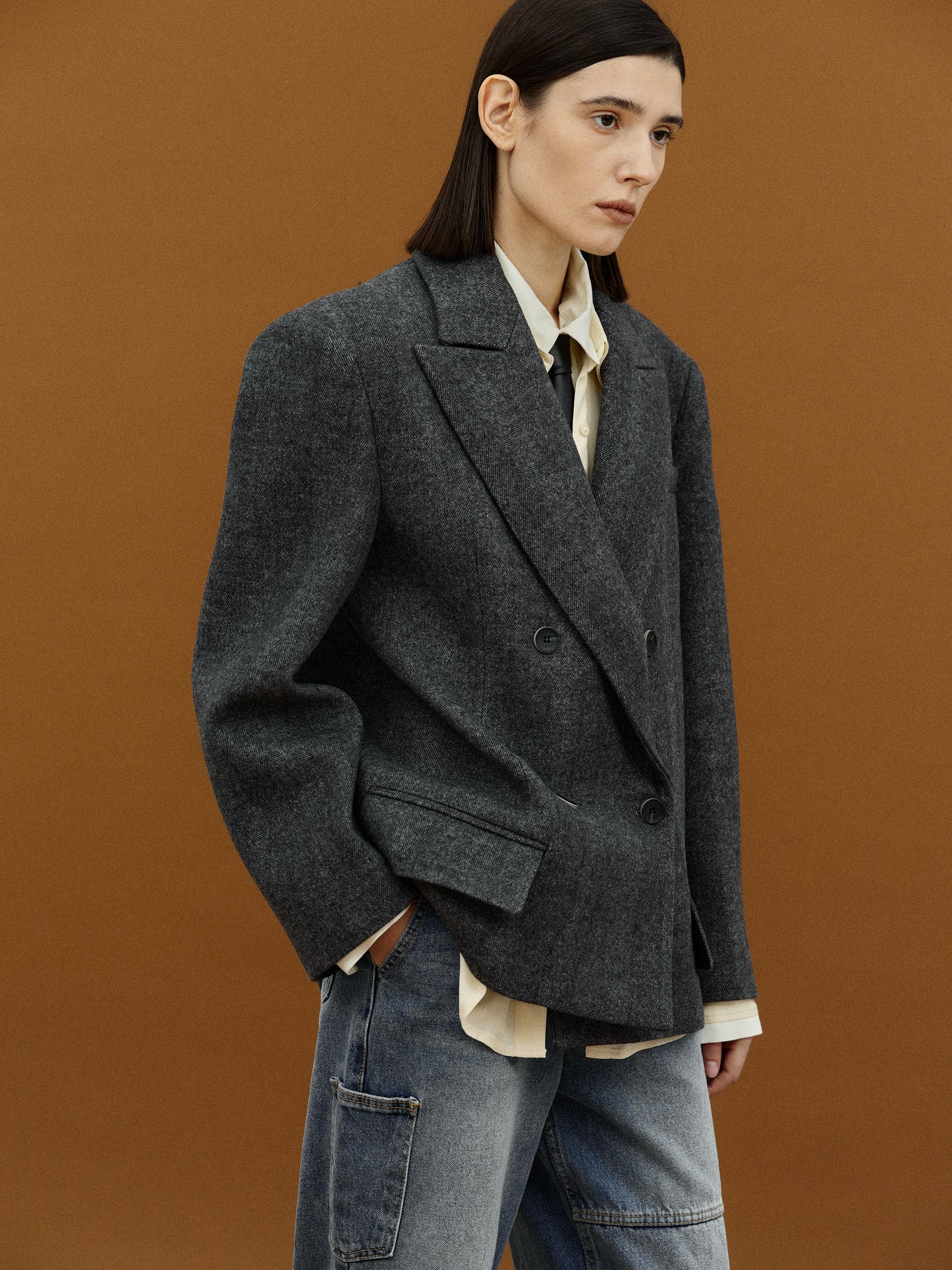 Double Breasted Low Pocket Blazer, Charcoal