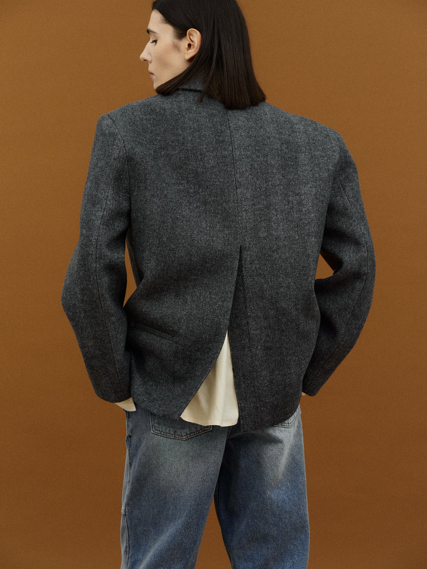 Double Breasted Low Pocket Blazer, Charcoal
