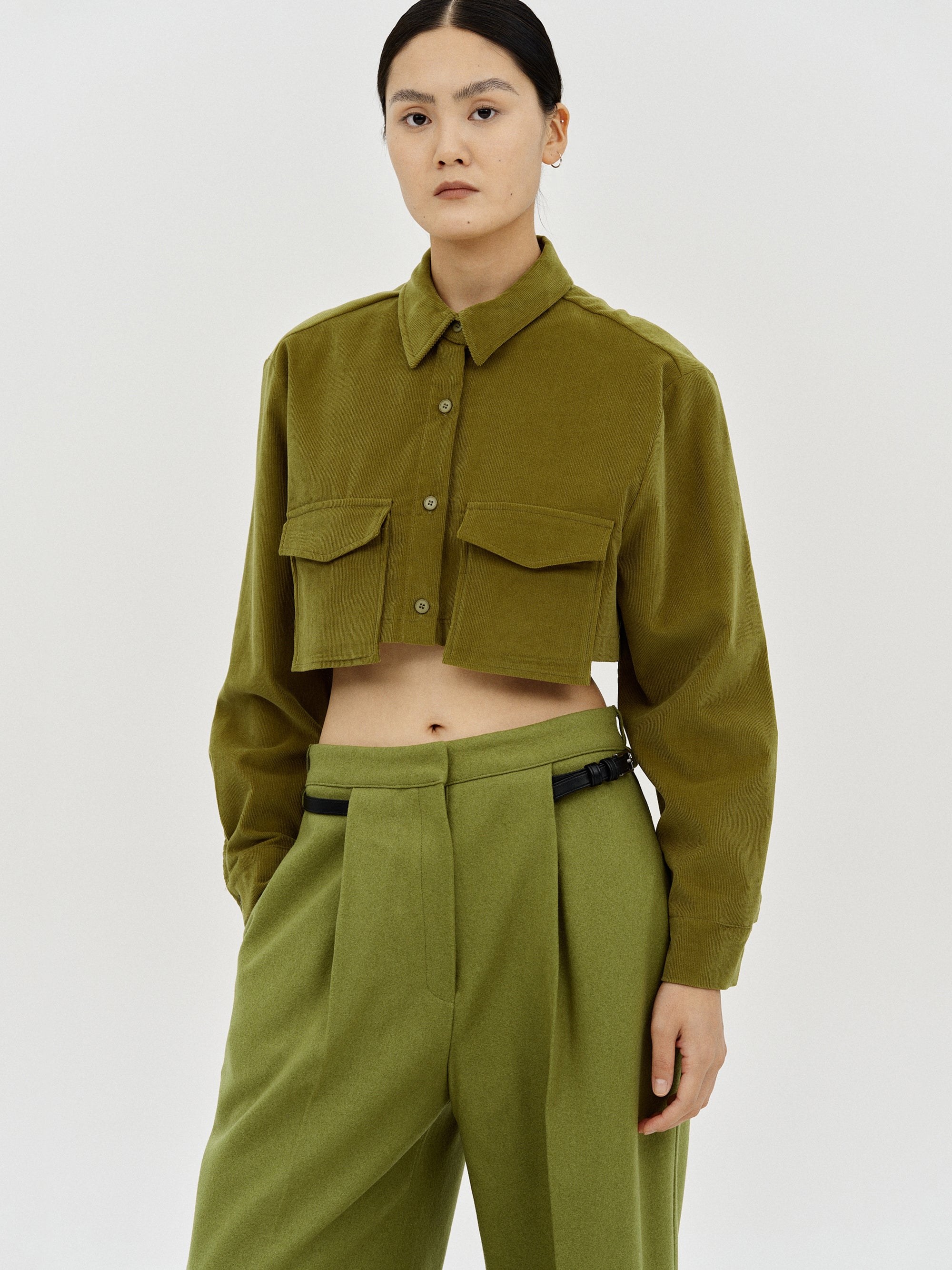 Boxy Cropped Corduroy Shirt Olive SourceUnknown