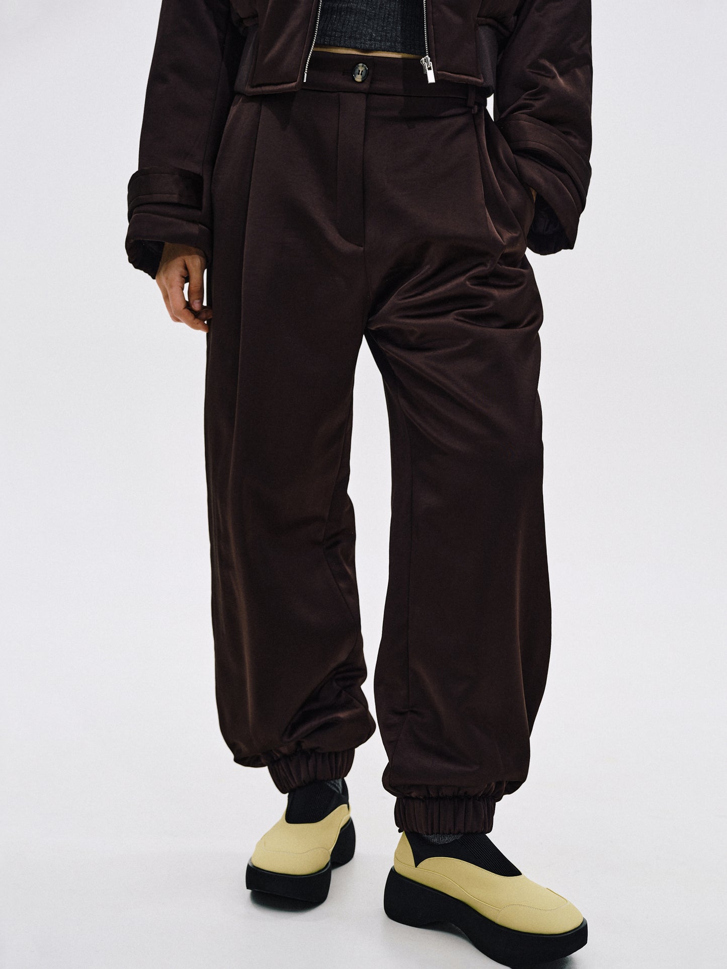 Padded Glossy Trousers, Walnut