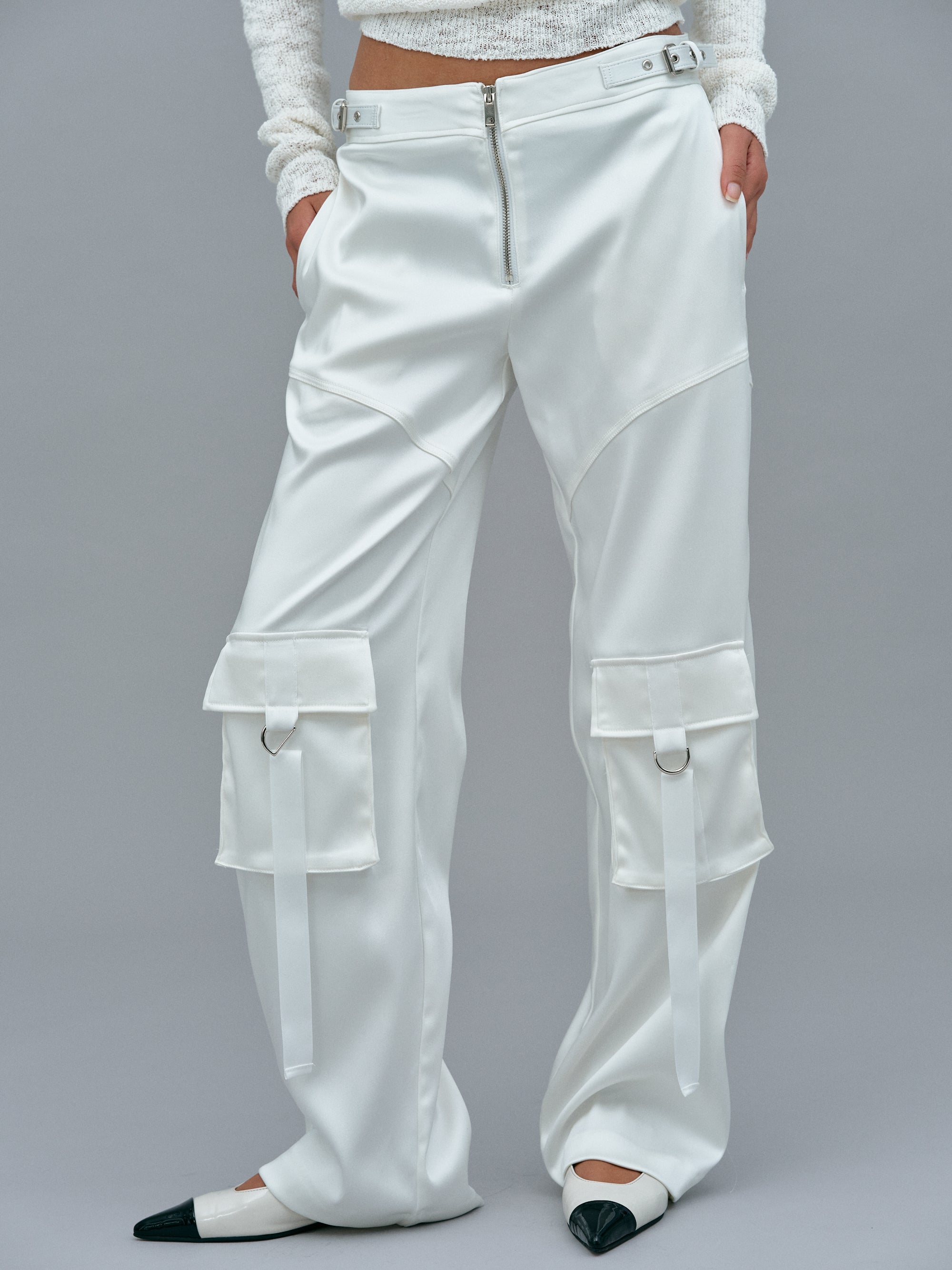 Integrated Belt Satin Cargo Pants, White