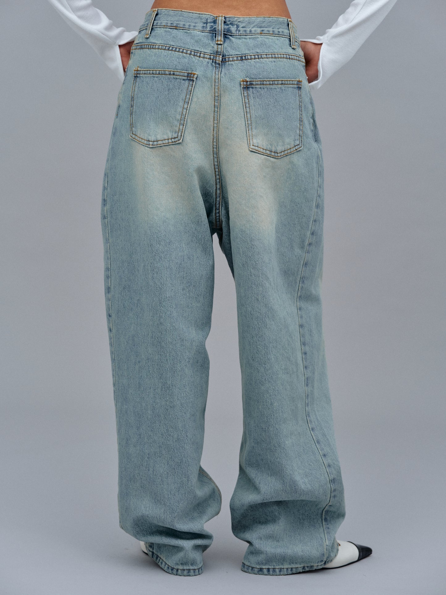 (Pre-order) Asymmetric Wrap Faded Jeans, Stone Wash