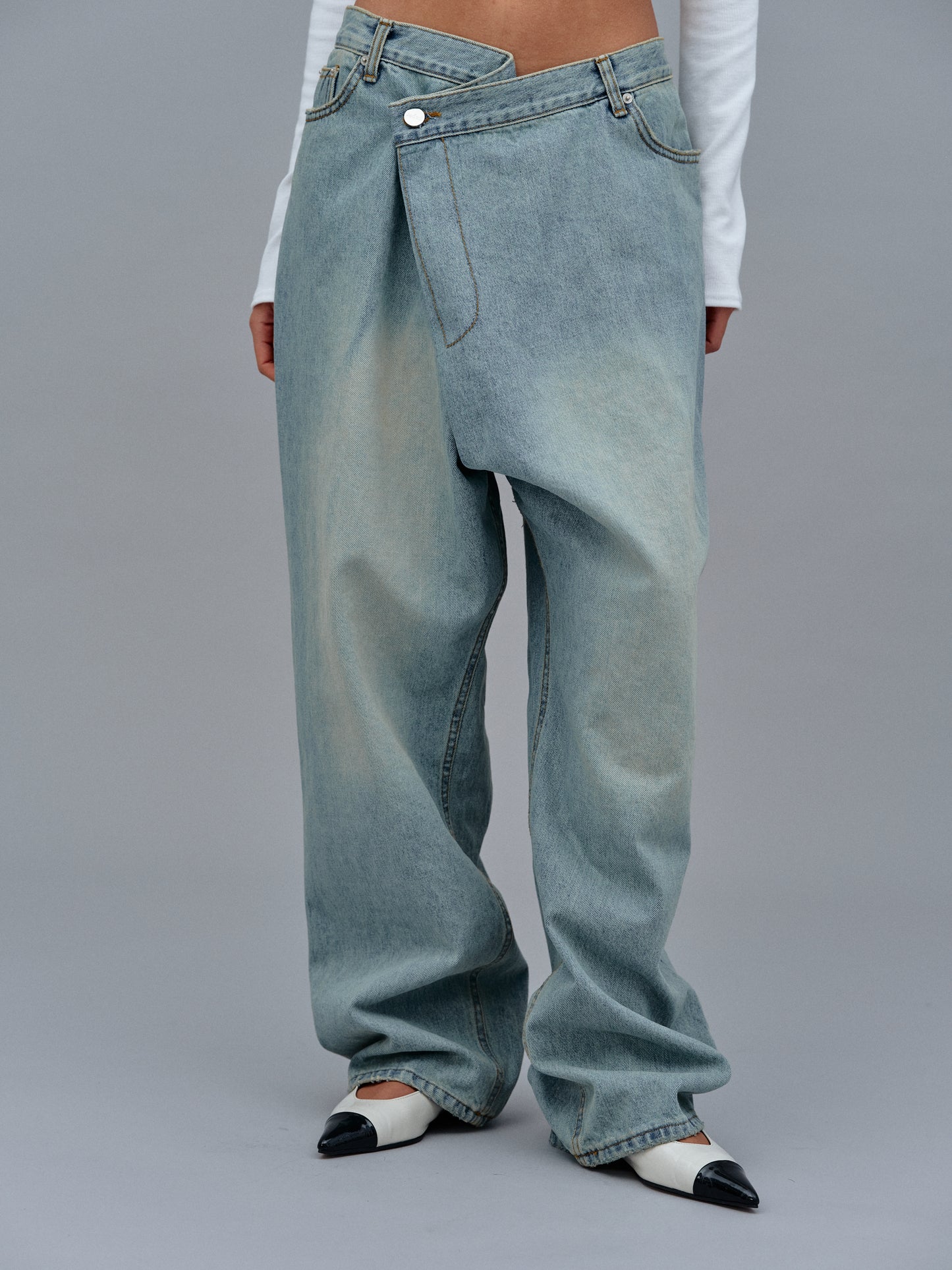 (Pre-order) Asymmetric Wrap Faded Jeans, Stone Wash