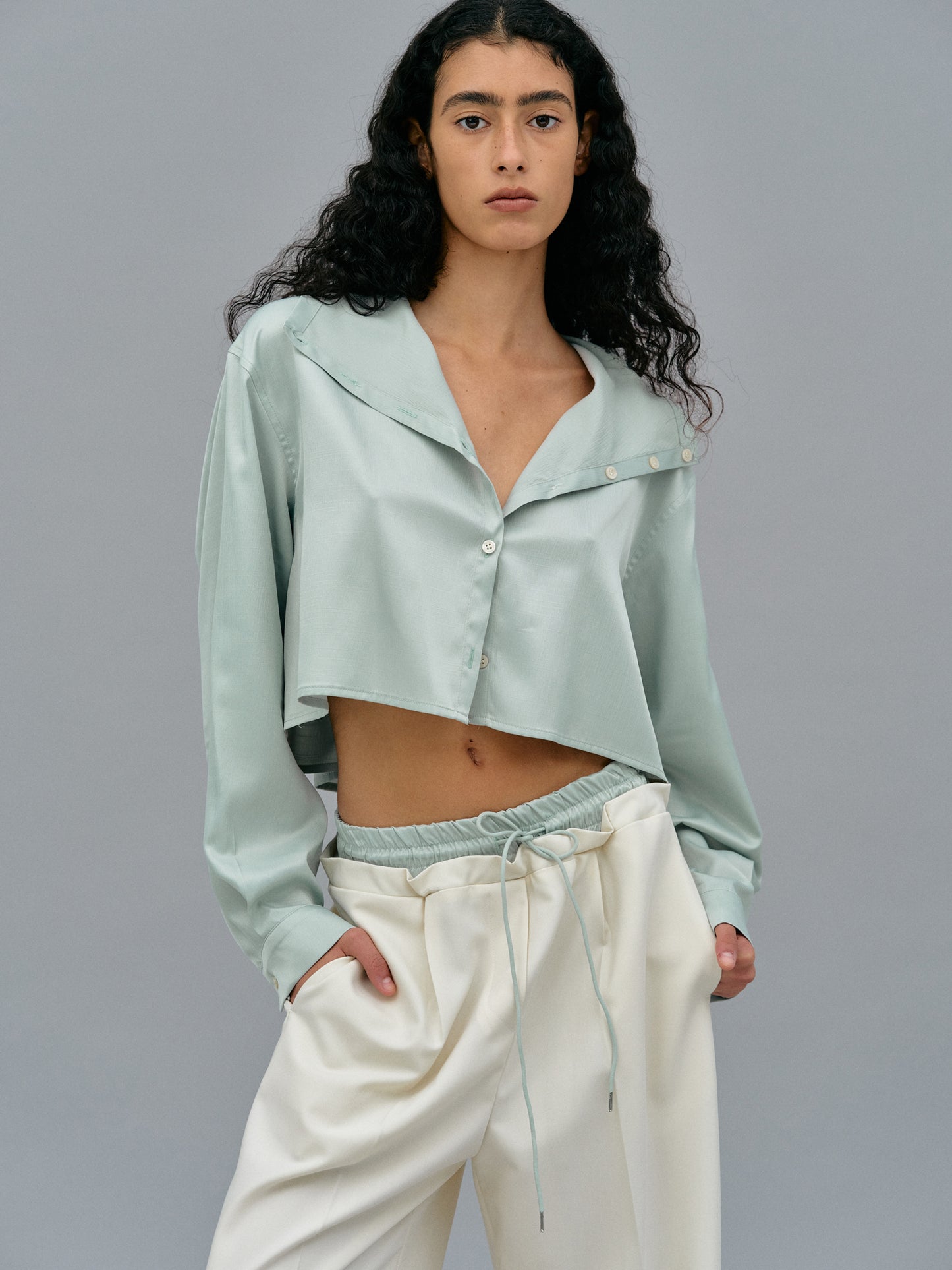Foldover Button Blouse, Sky Blue