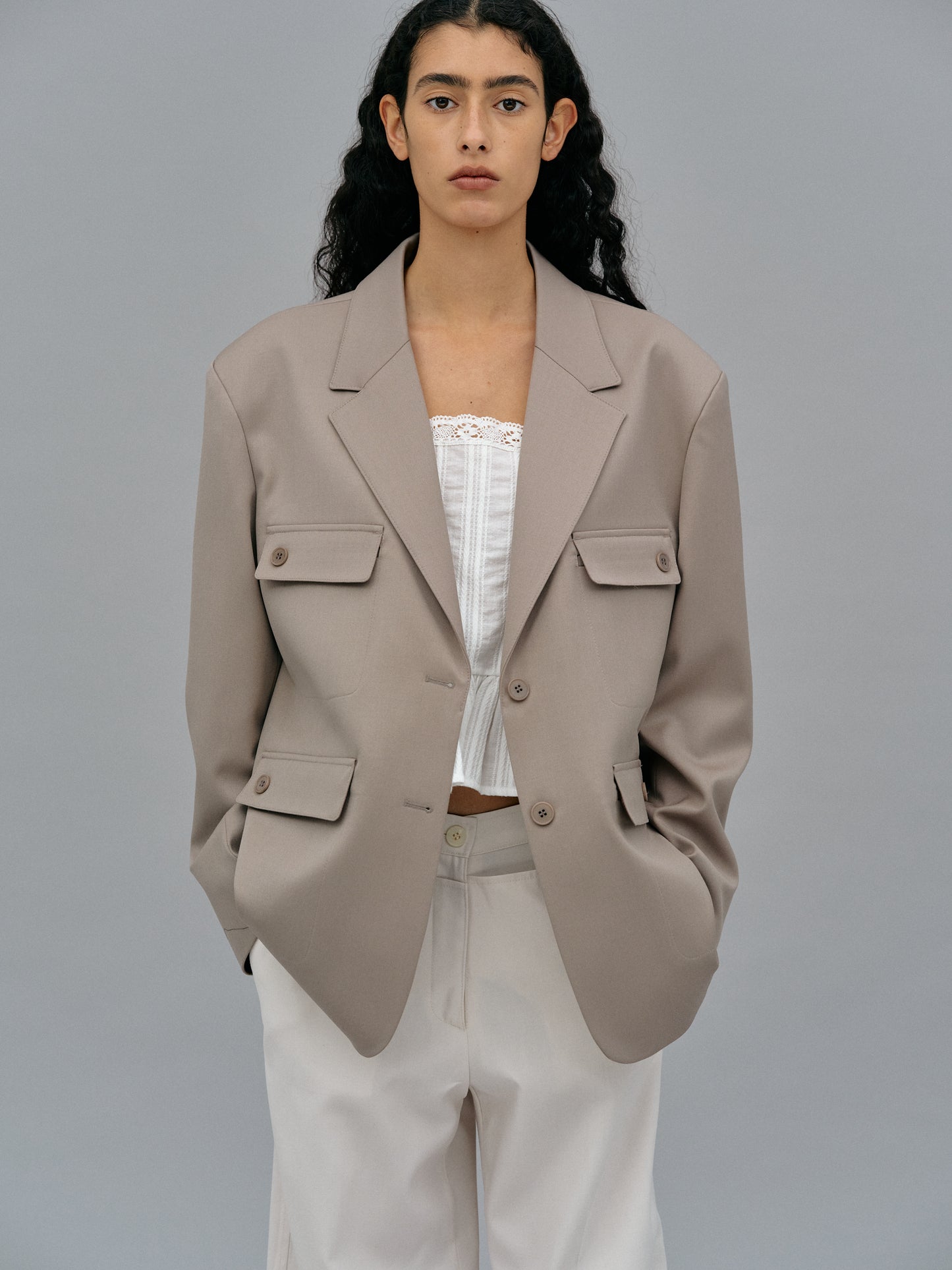 Double Pocket Wool Blazer, Beaver