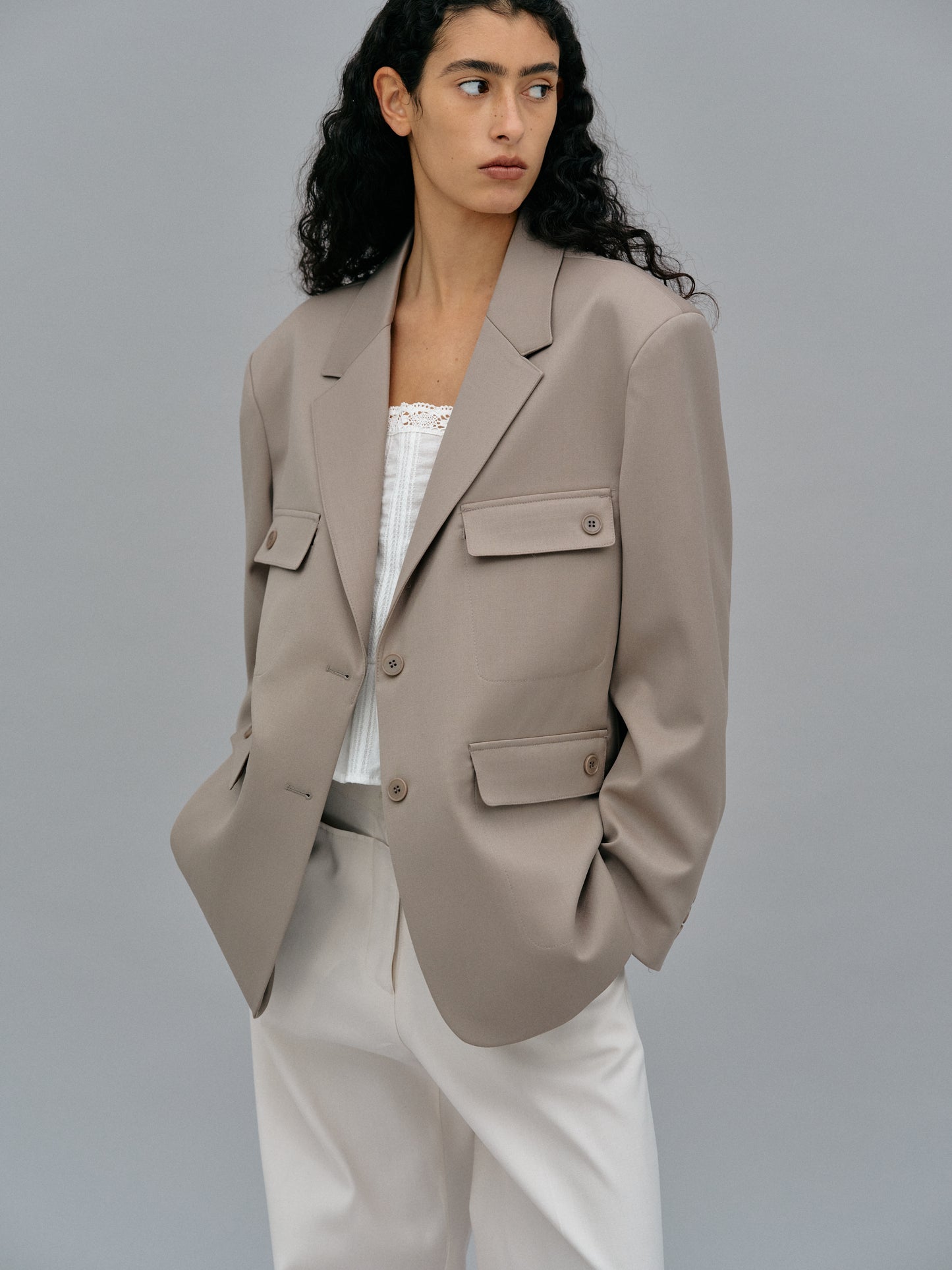 Double Pocket Wool Blazer, Beaver
