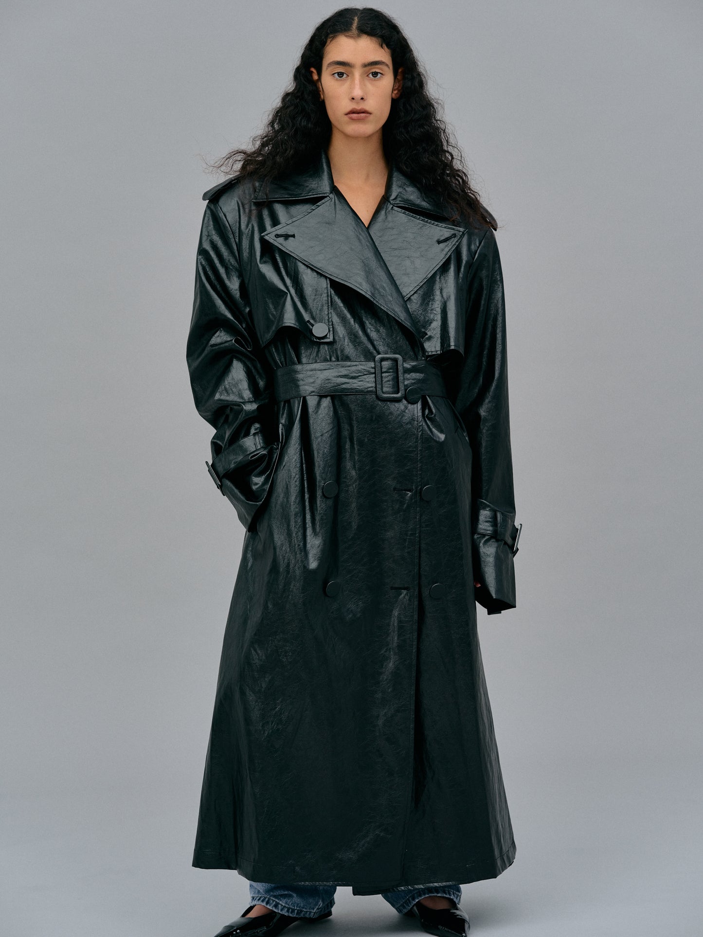 Oversized Shiny Trench Coat, Black