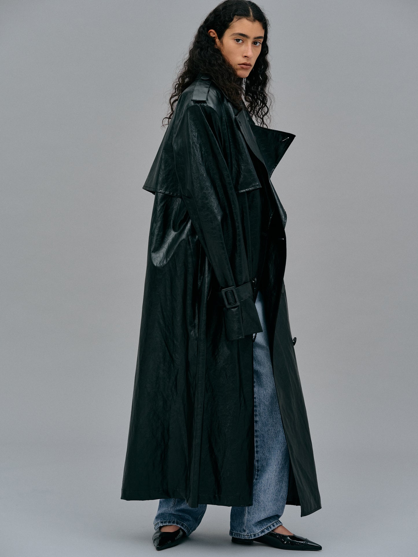 Oversized Shiny Trench Coat, Black