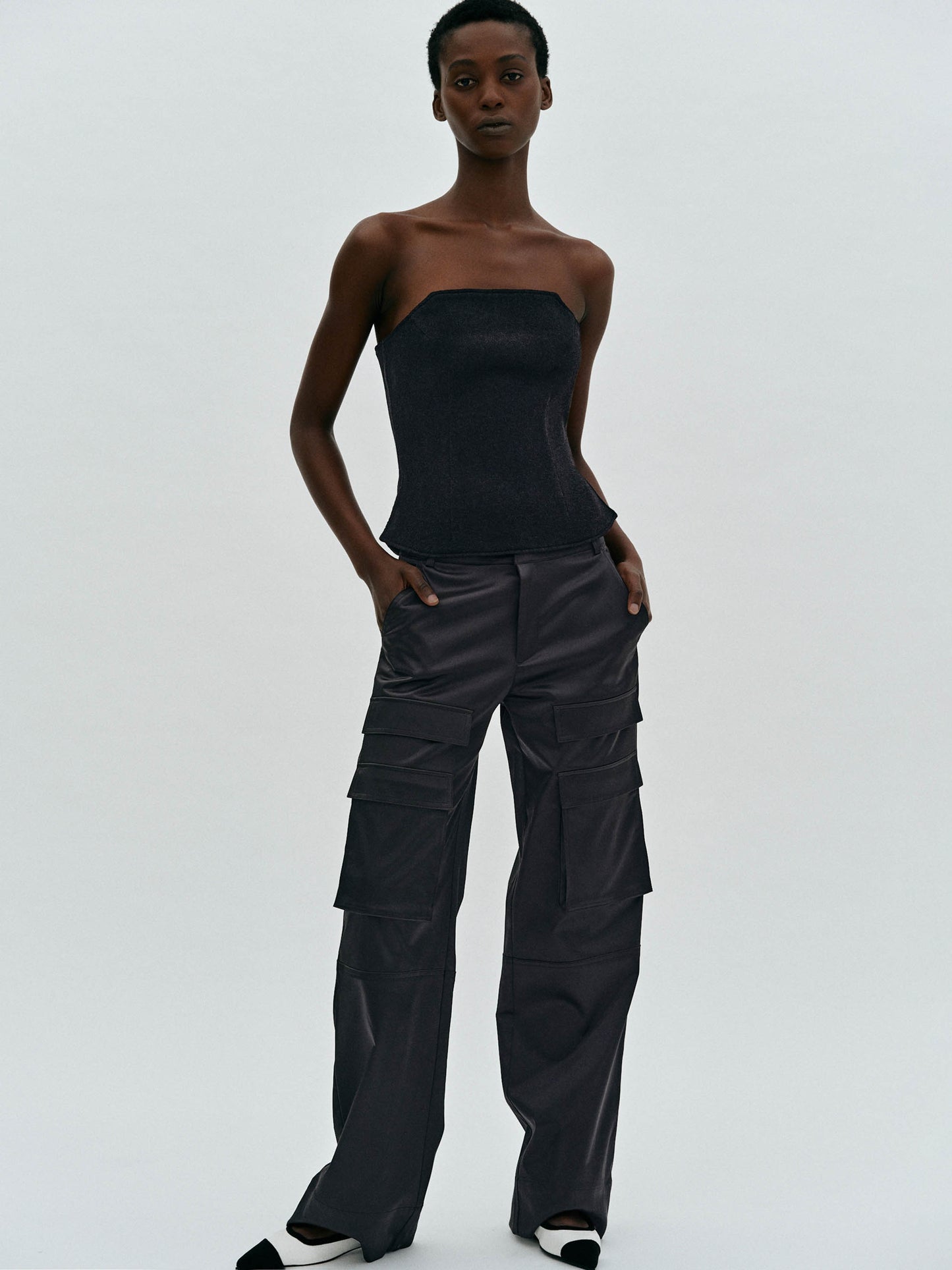 Satin Suit Cargo Trousers, Black