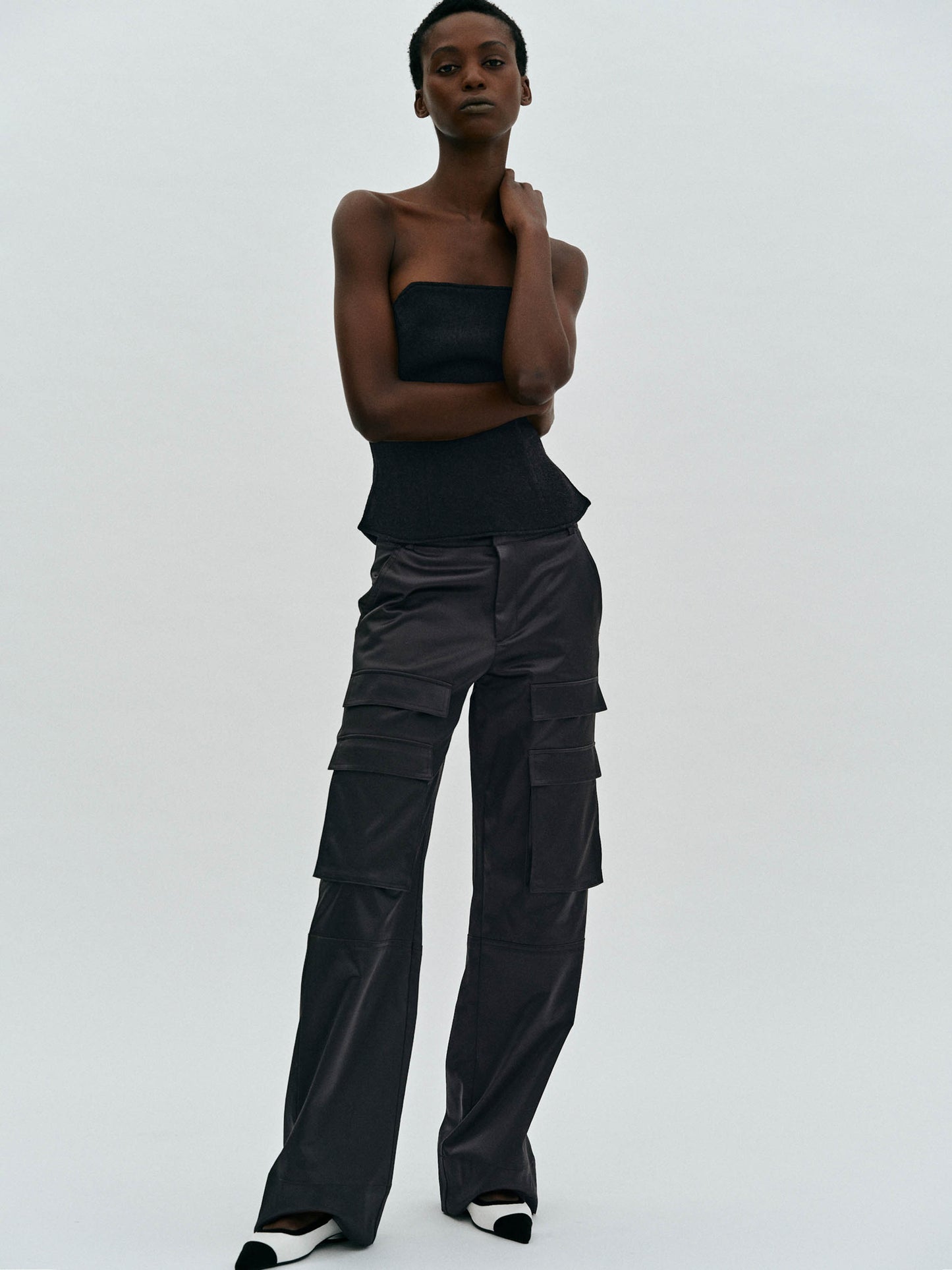 Satin Suit Cargo Trousers, Black