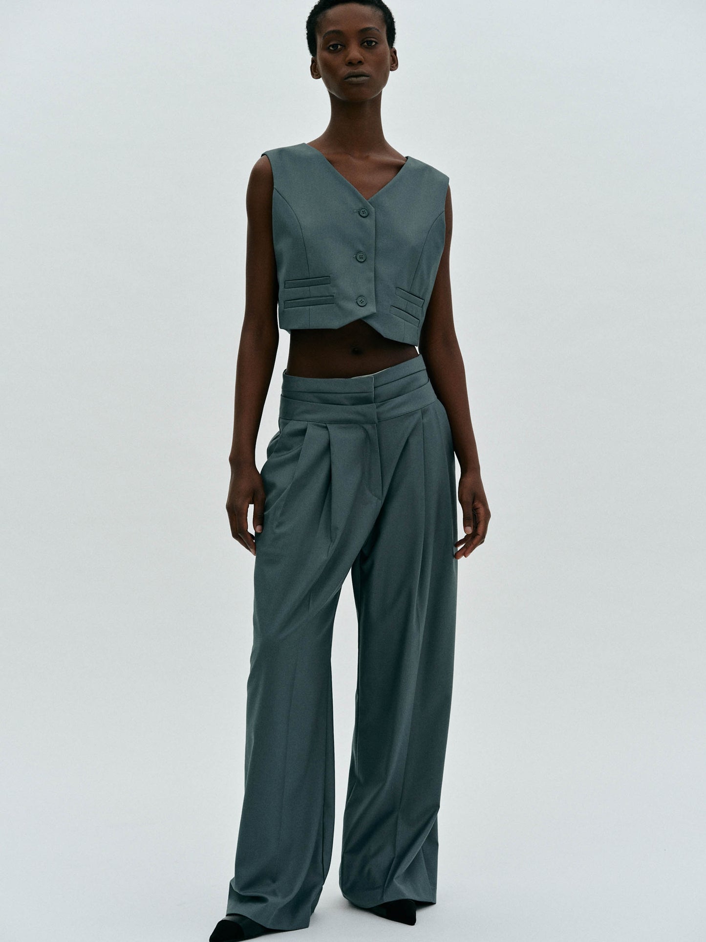 Double Waistline Tailored Pants, Aegean