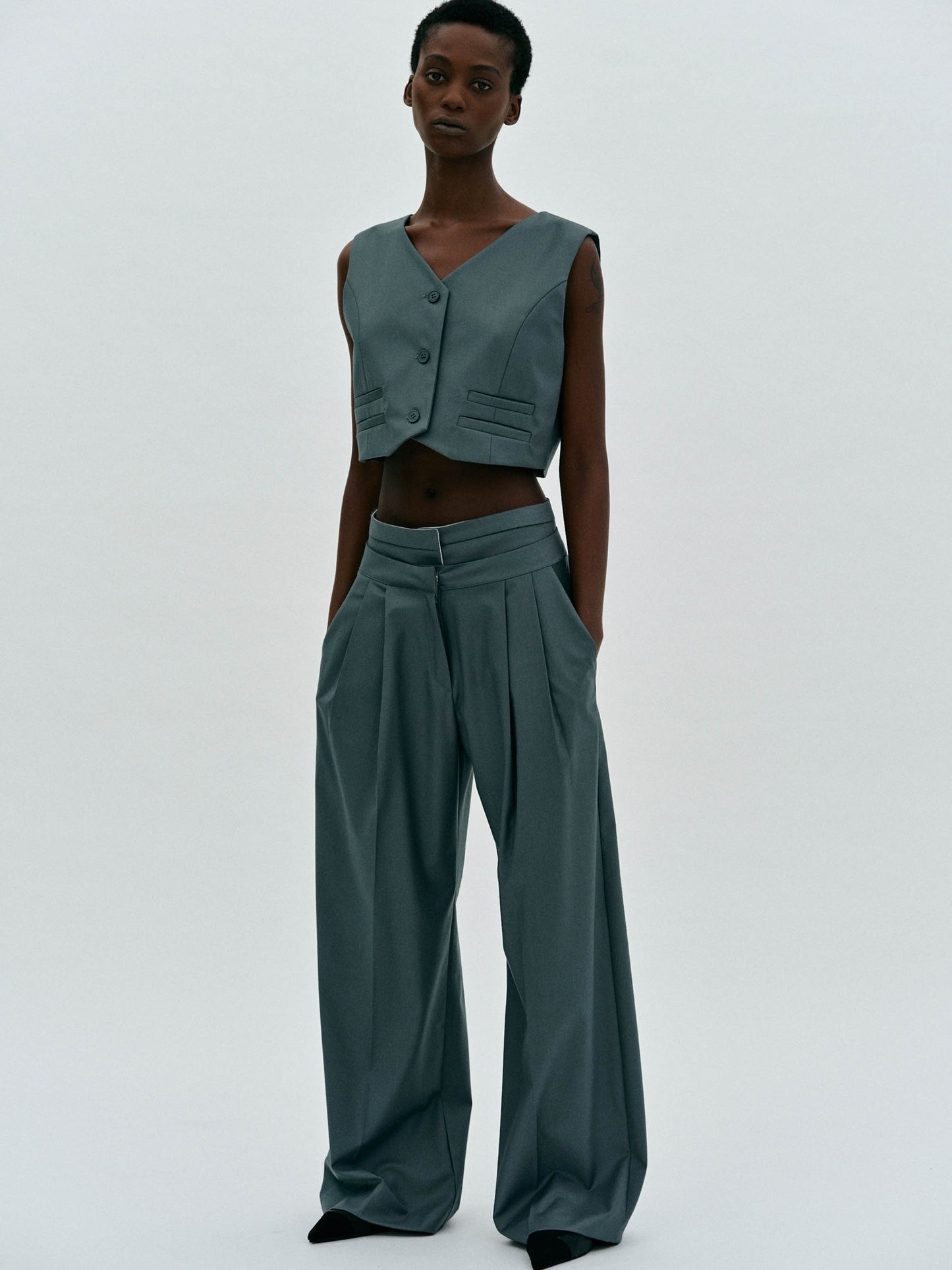 Double Waistline Tailored Pants, Aegean