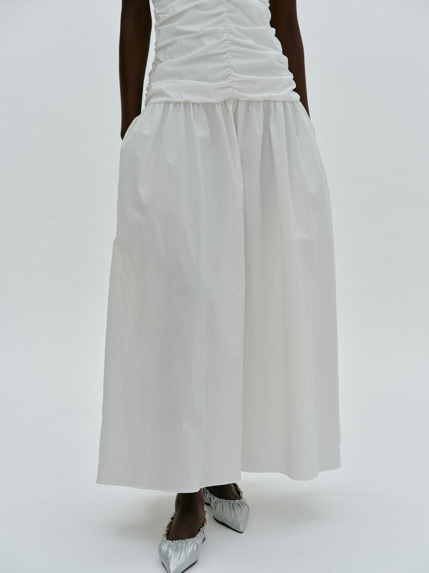 Ruched Cotton Dress, White