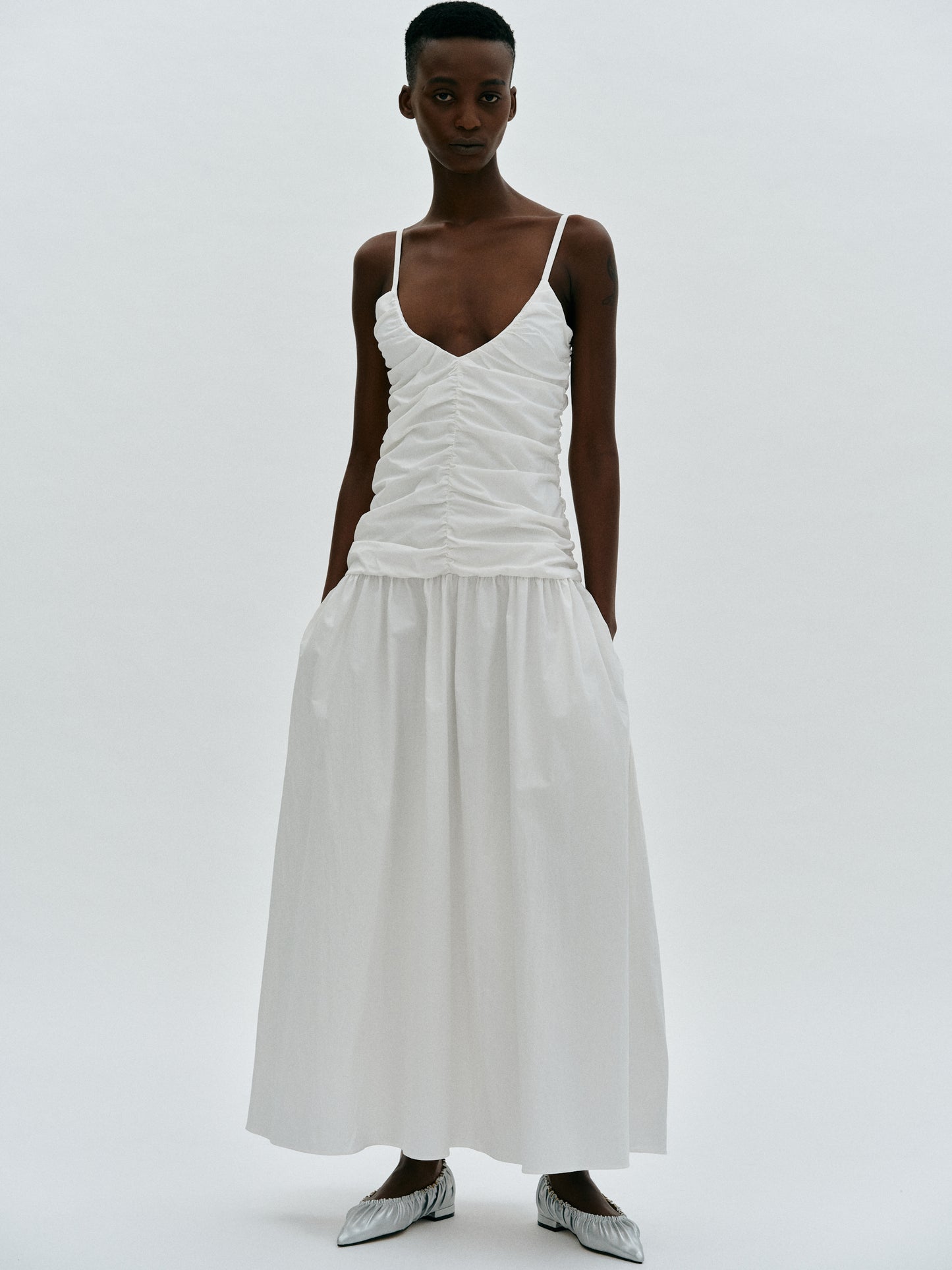 Ruched Cotton Dress, White