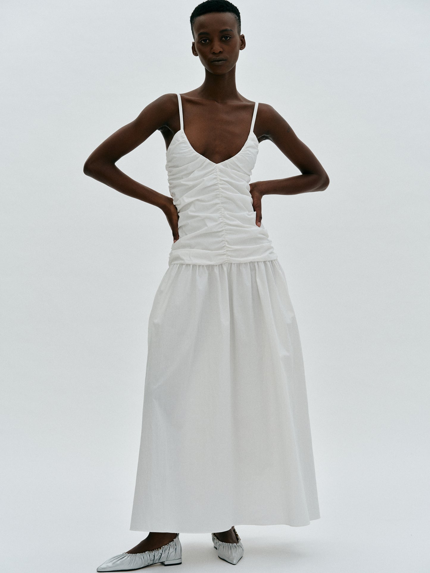 Ruched Cotton Dress, White