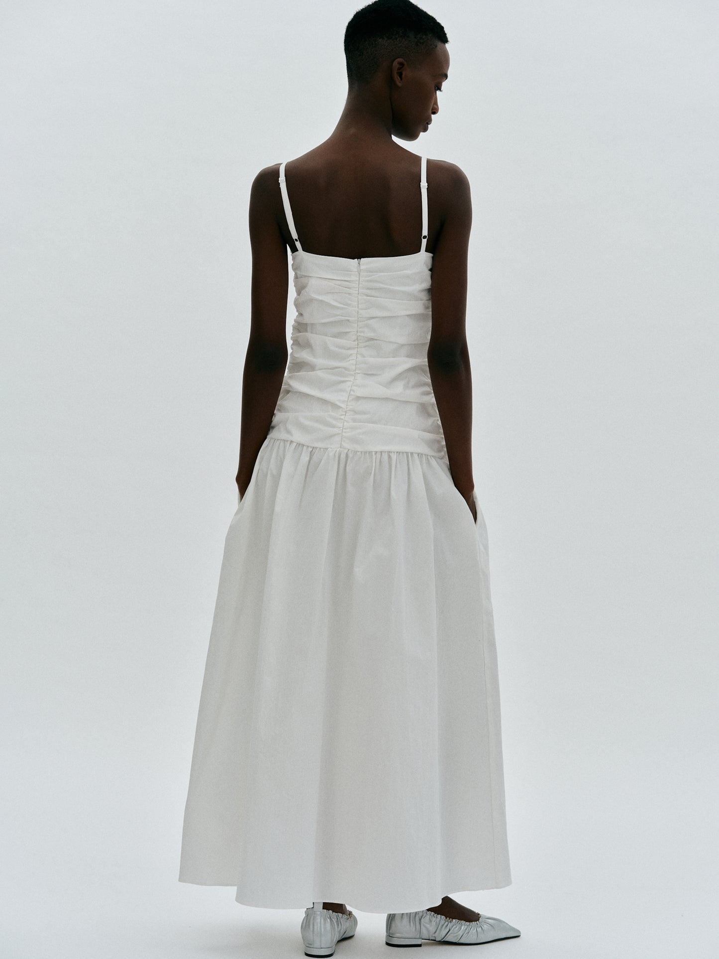 Ruched Cotton Dress, White