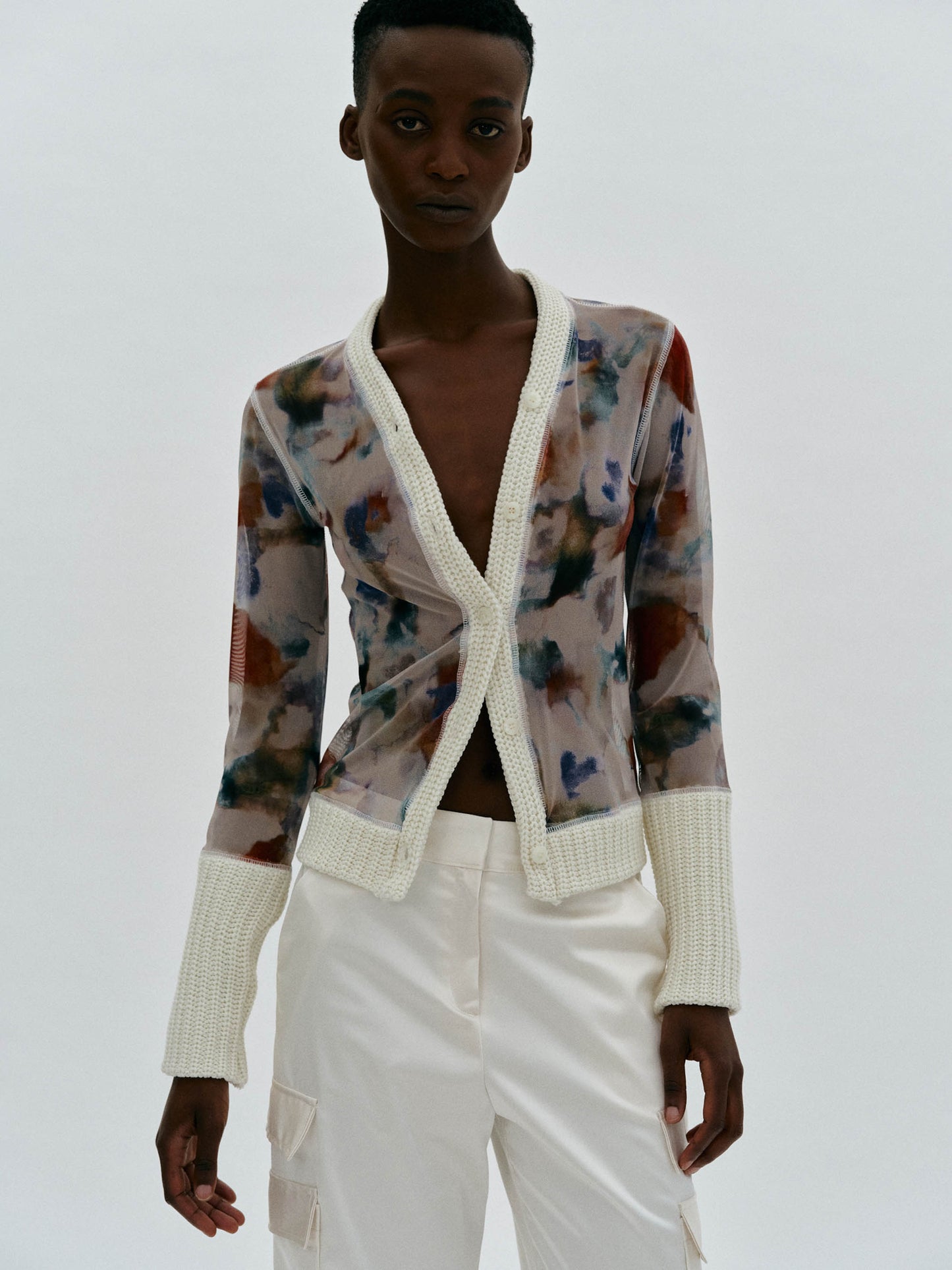 Mesh Print Cardigan, Ivory
