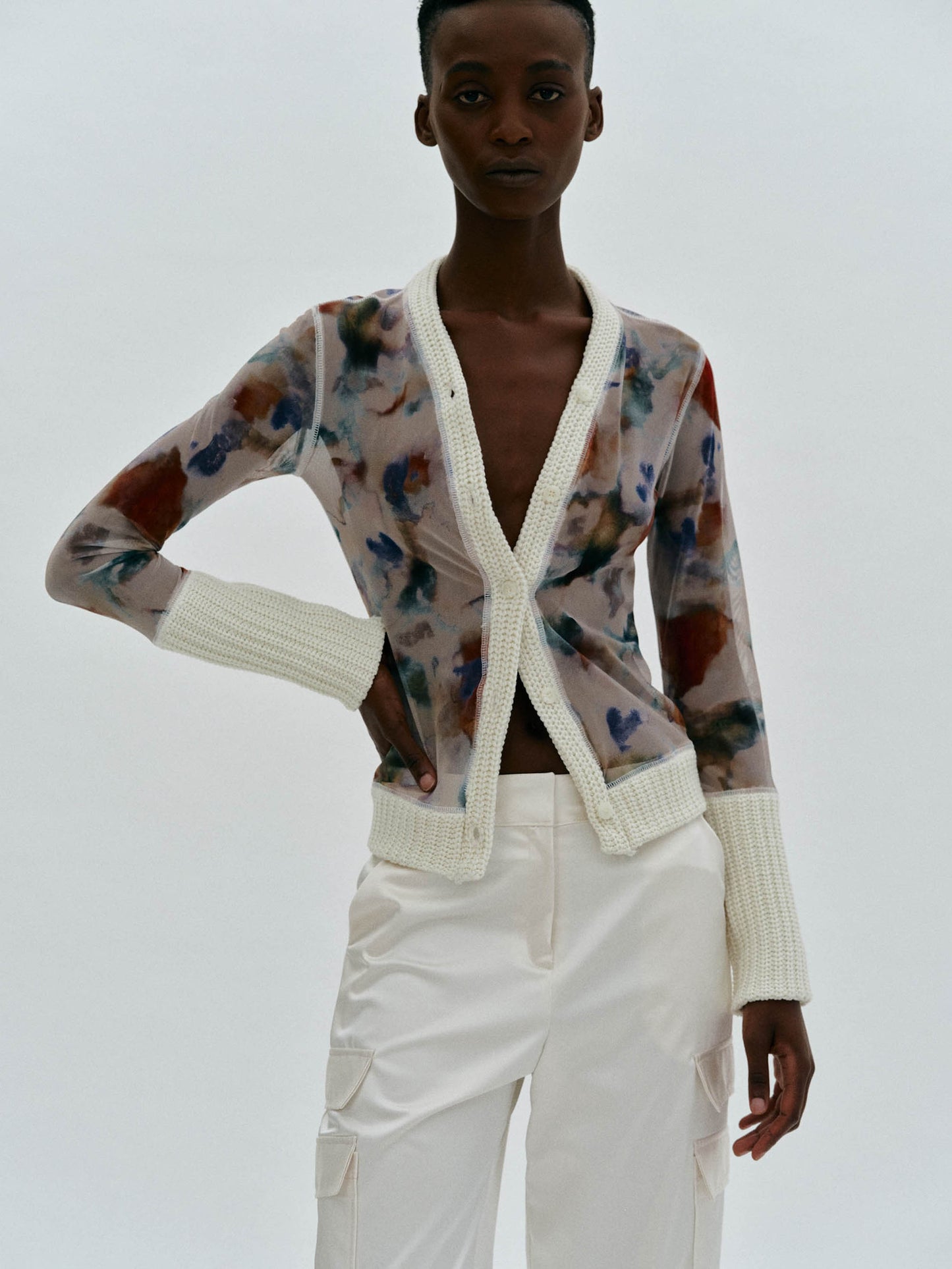 Mesh Print Cardigan, Ivory