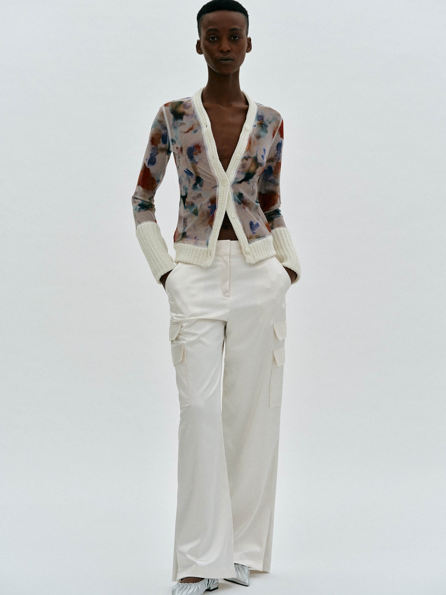 Mesh Print Cardigan, Ivory