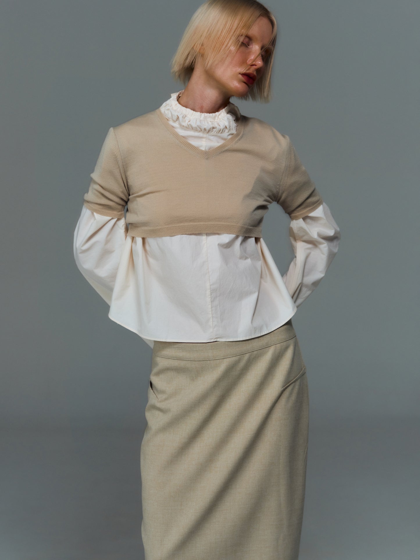 Short Sleeve Cropped Knit, Beige