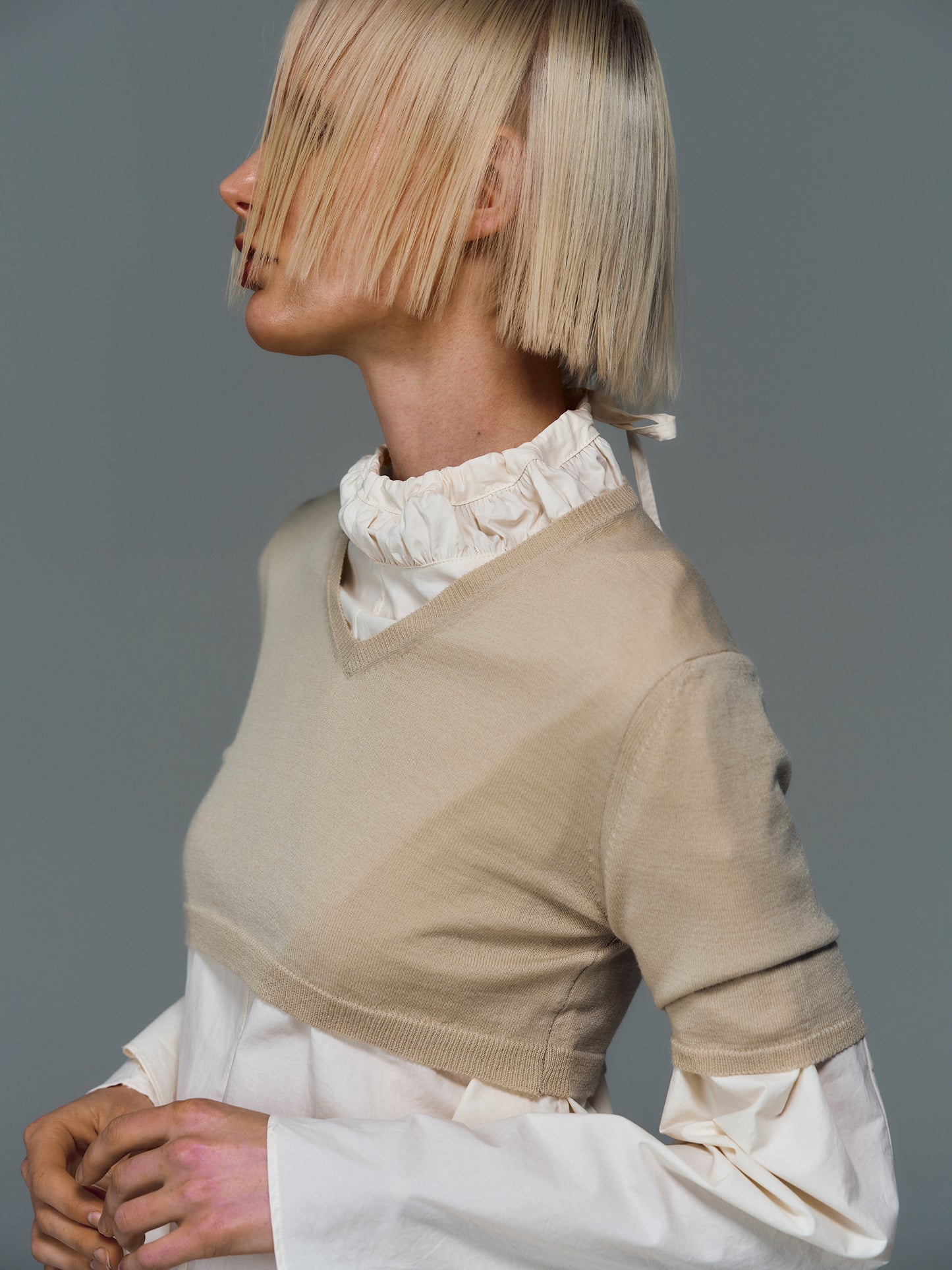 Short Sleeve Cropped Knit, Beige