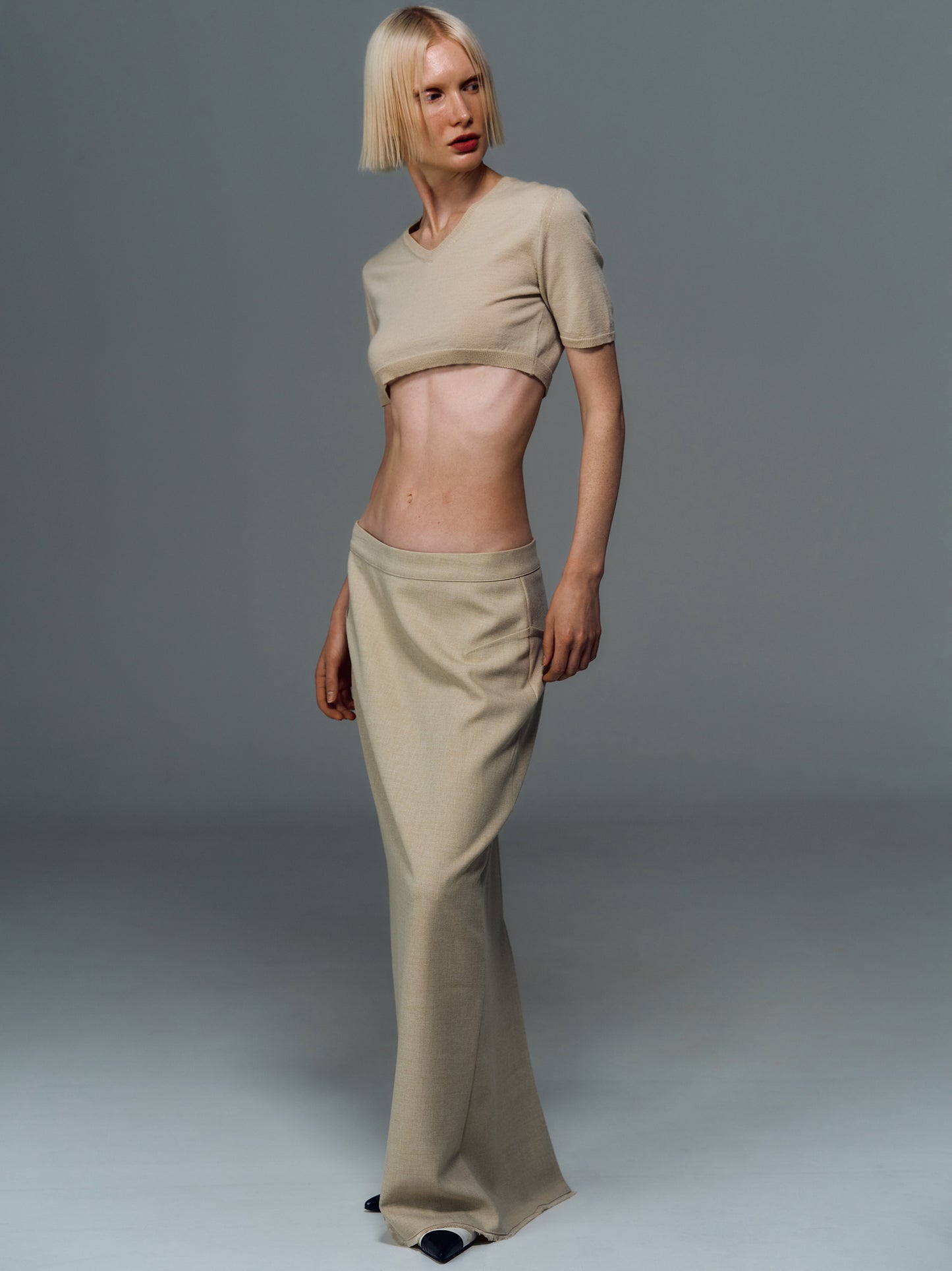 Short Sleeve Cropped Knit, Beige