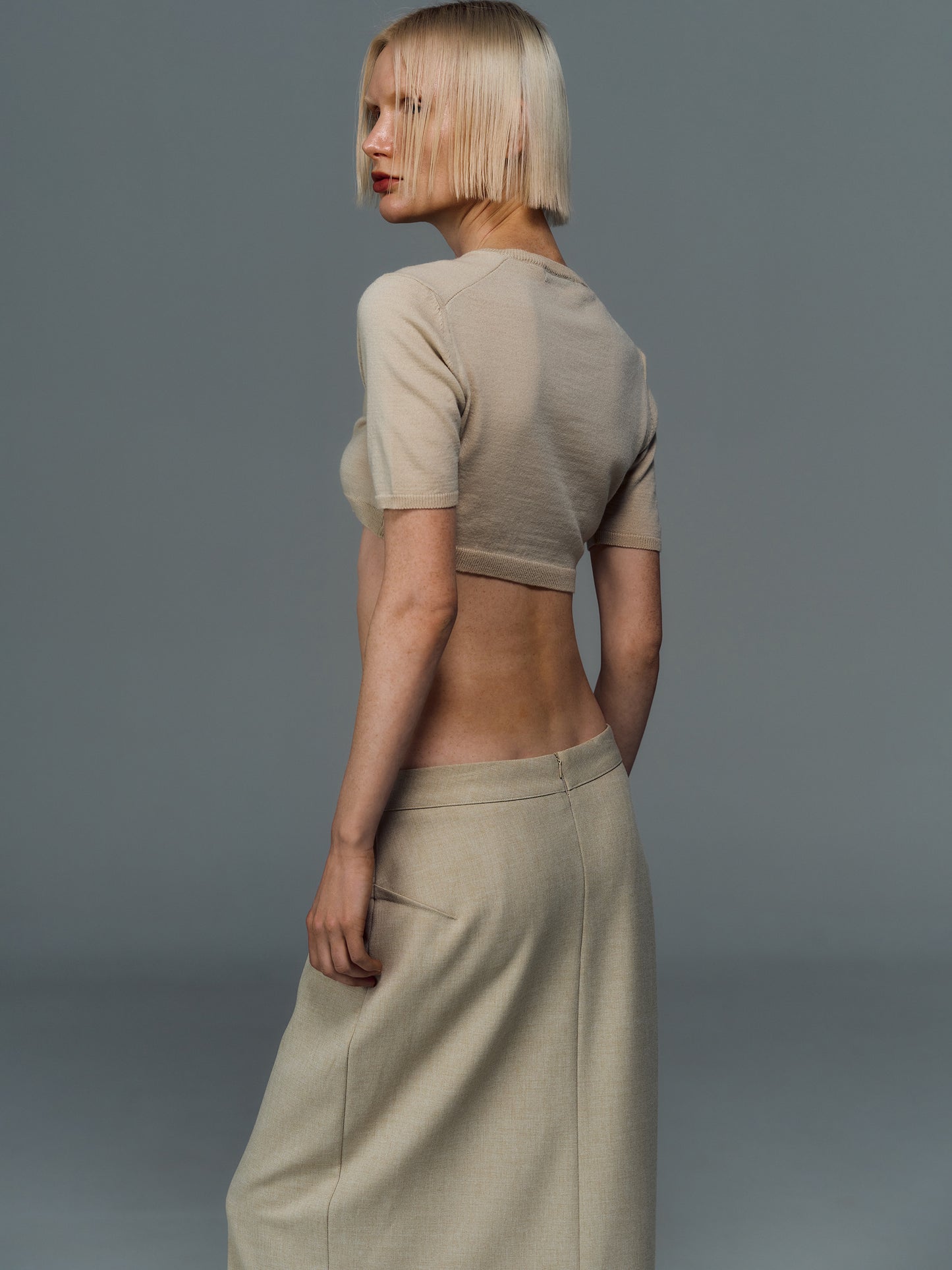 Short Sleeve Cropped Knit, Beige