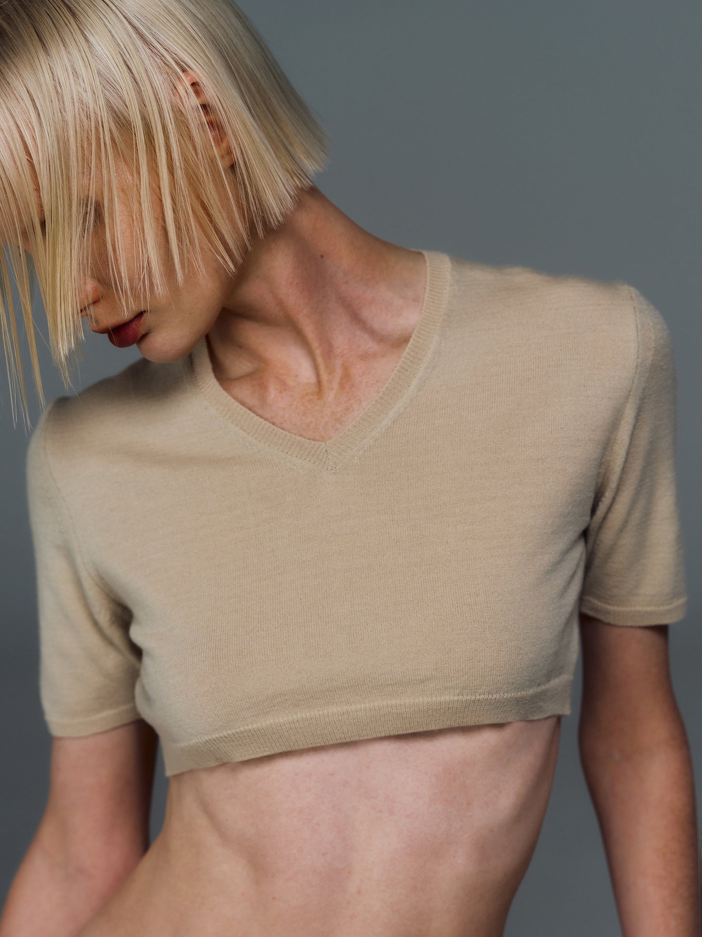 Short Sleeve Cropped Knit, Beige