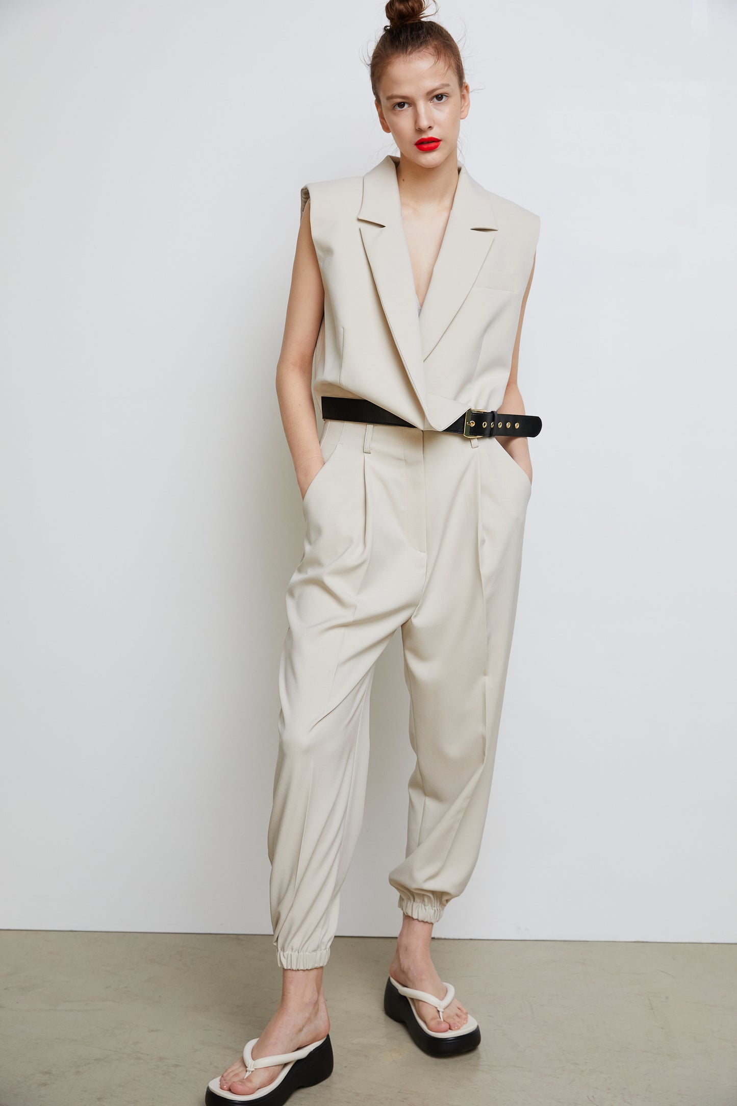 Bandless Pleated Jogger Pants, Beige