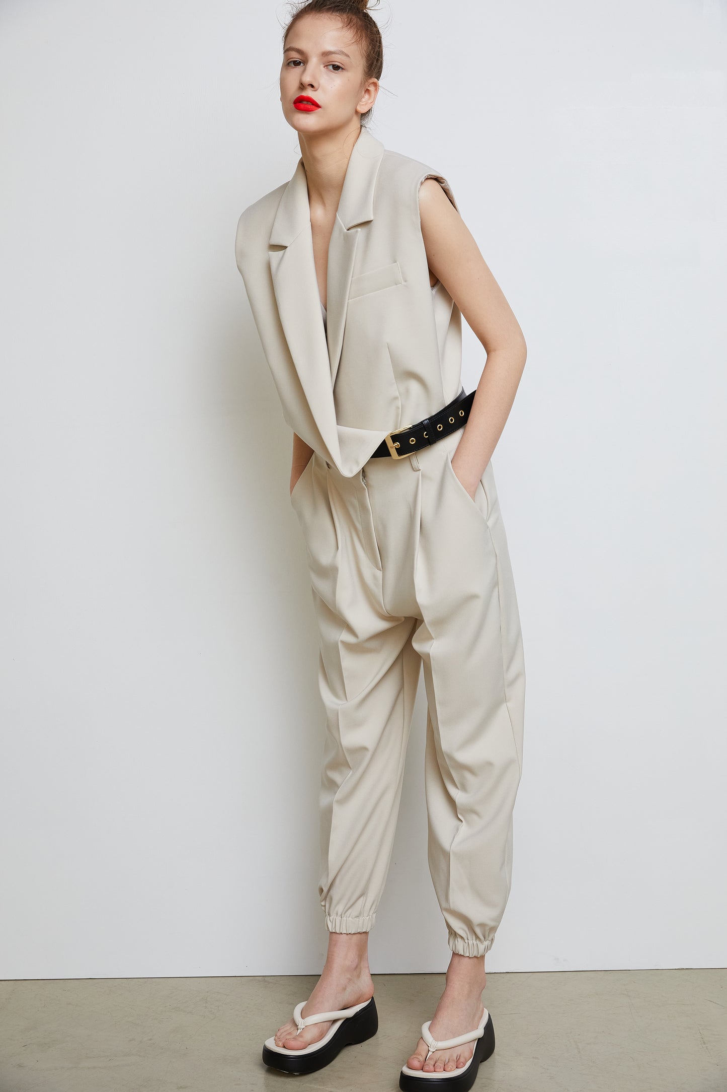 Draped Belted Vest, Beige