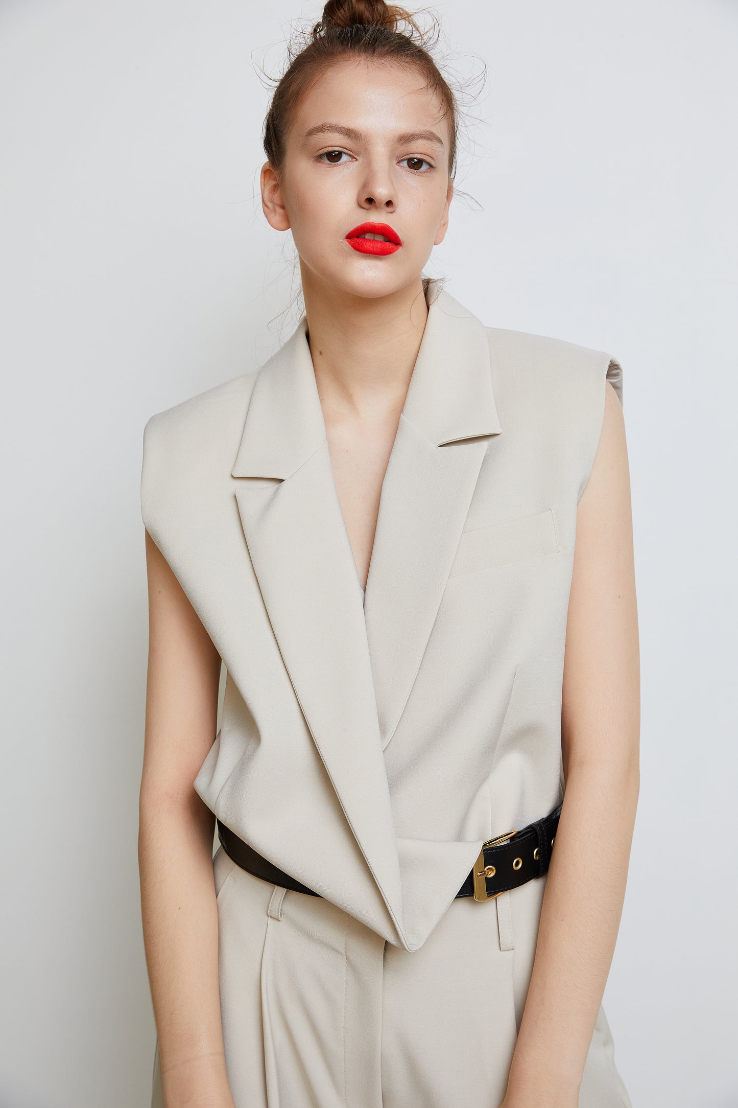 Draped Belted Vest, Beige