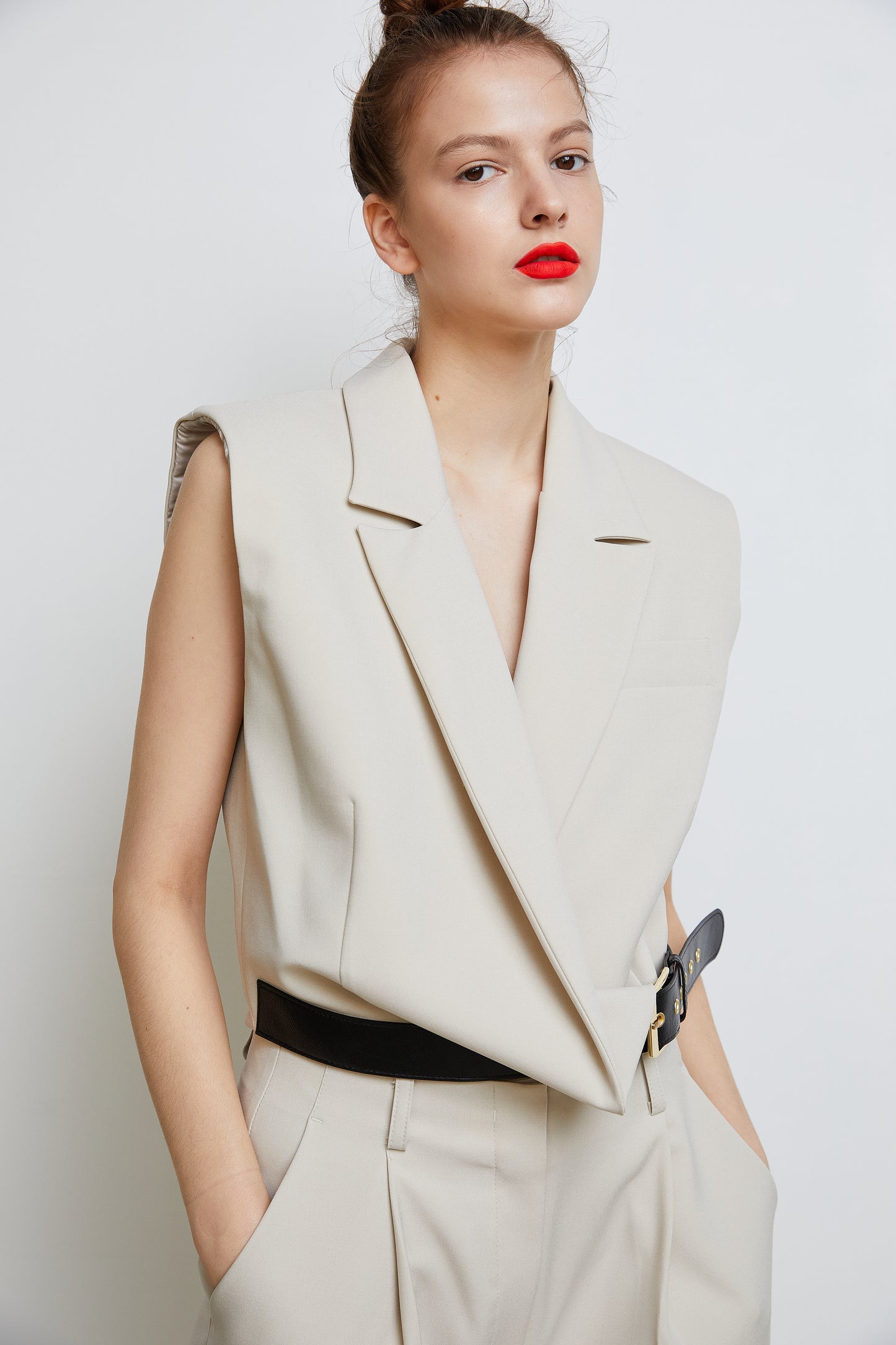 Draped Belted Vest, Beige