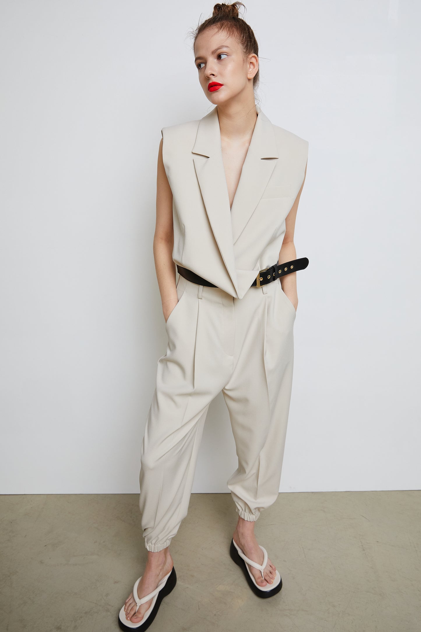 Draped Belted Vest, Beige