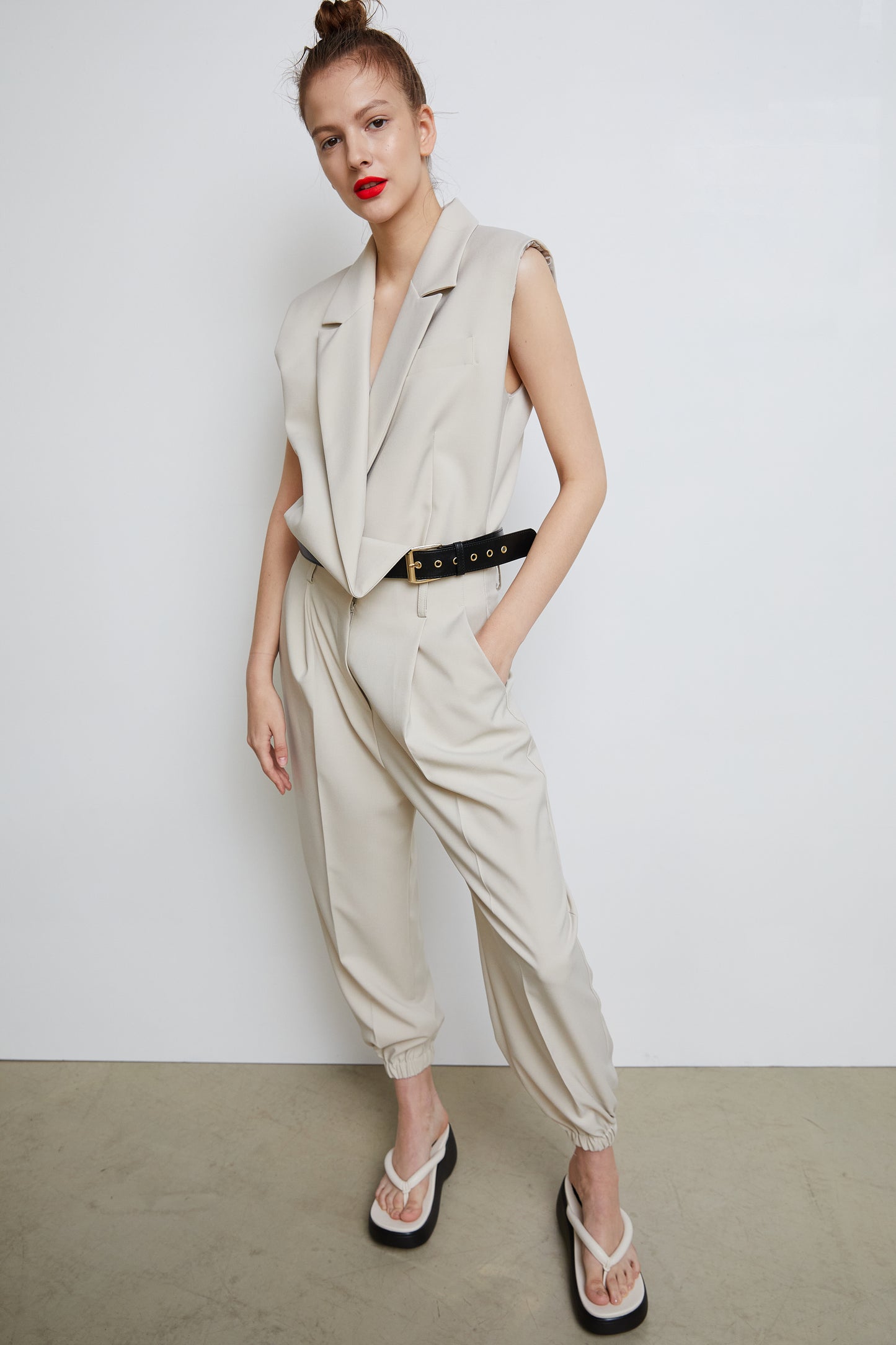 Draped Belted Vest, Beige
