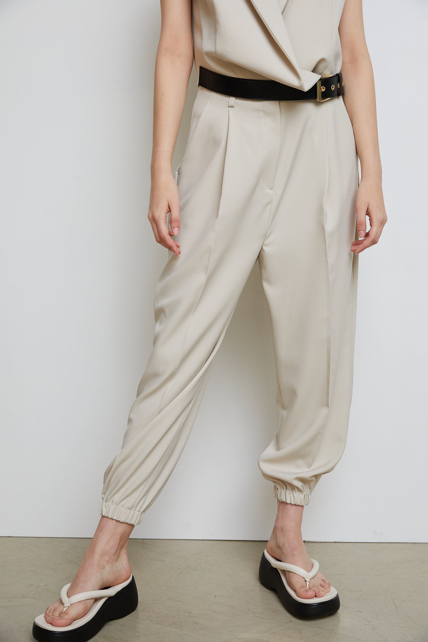 Bandless Pleated Jogger Pants, Beige