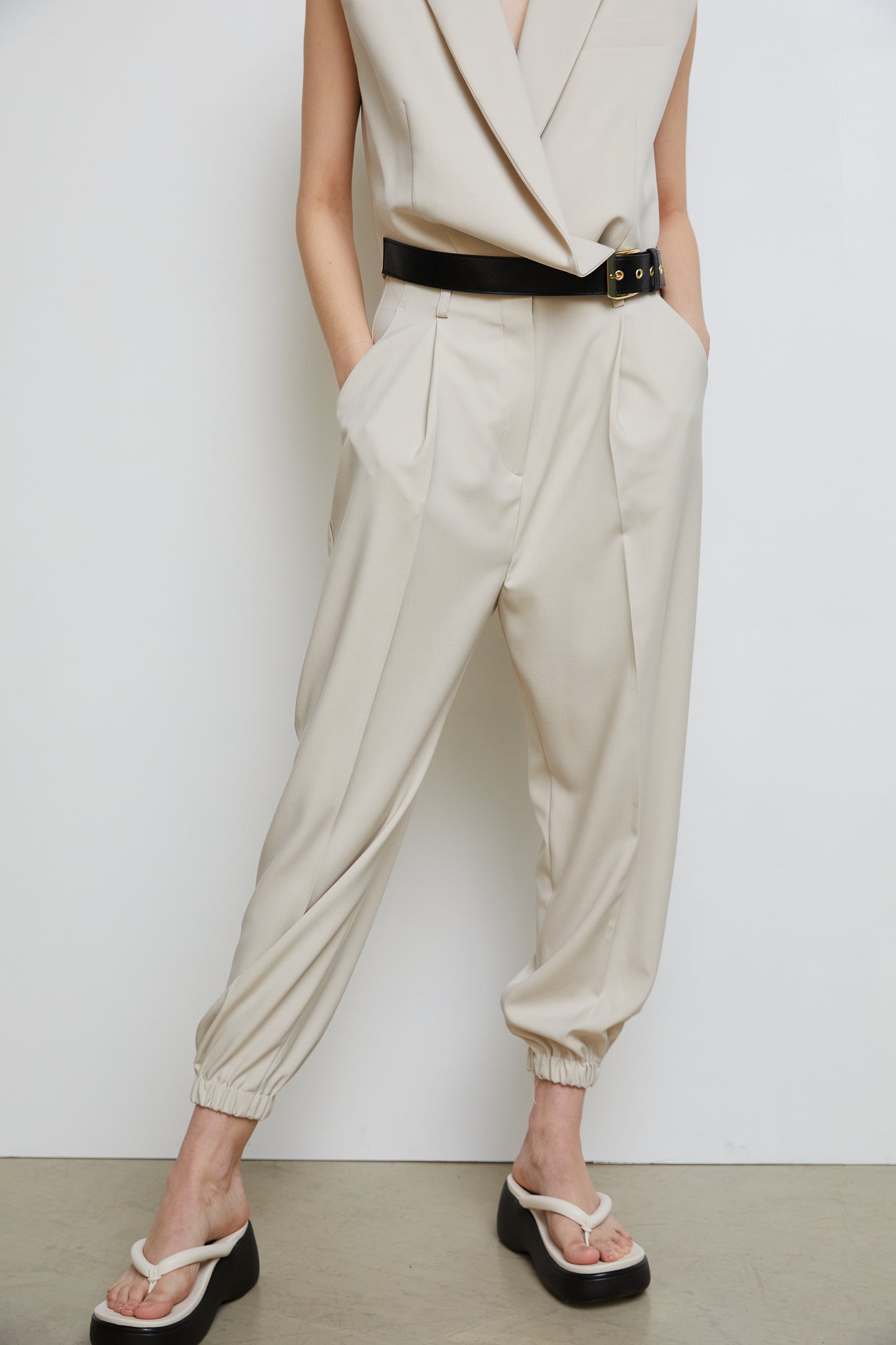 Bandless Pleated Jogger Pants, Beige