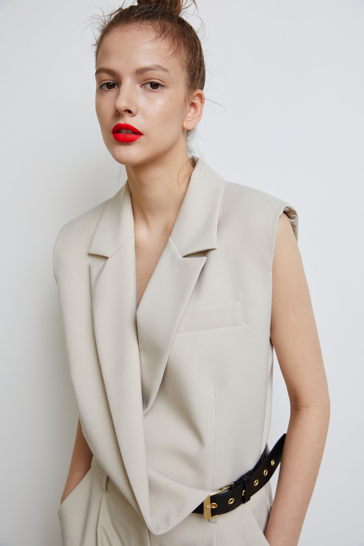 Draped Belted Vest, Beige