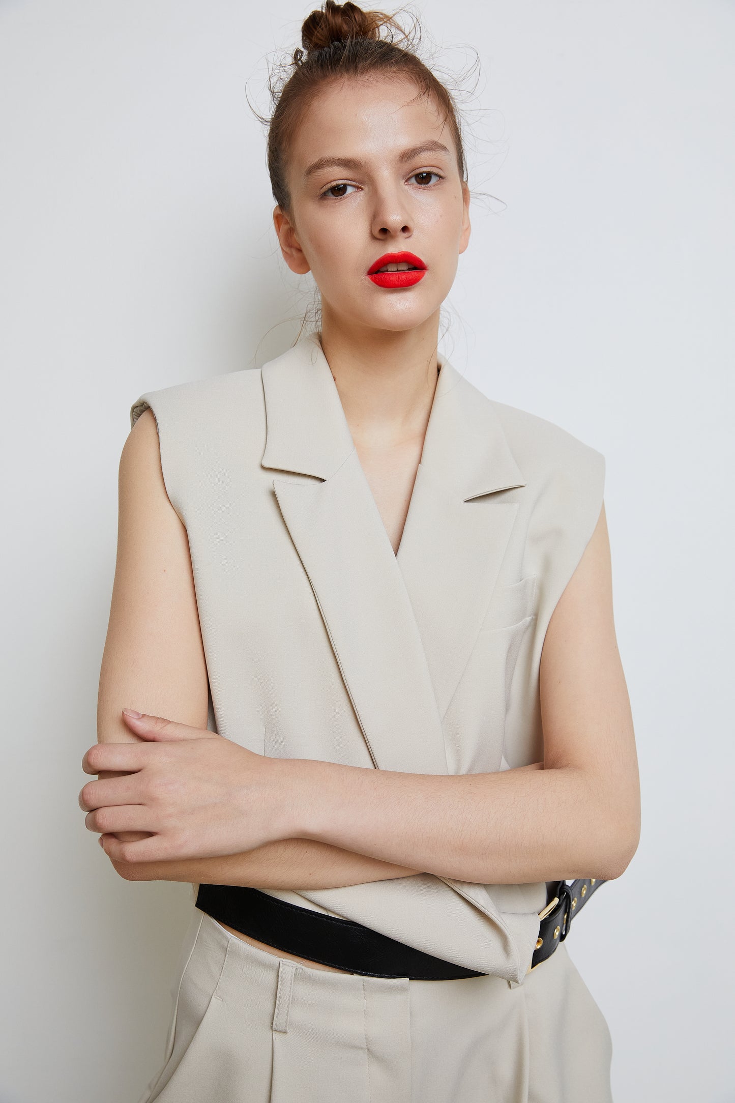 Draped Belted Vest, Beige