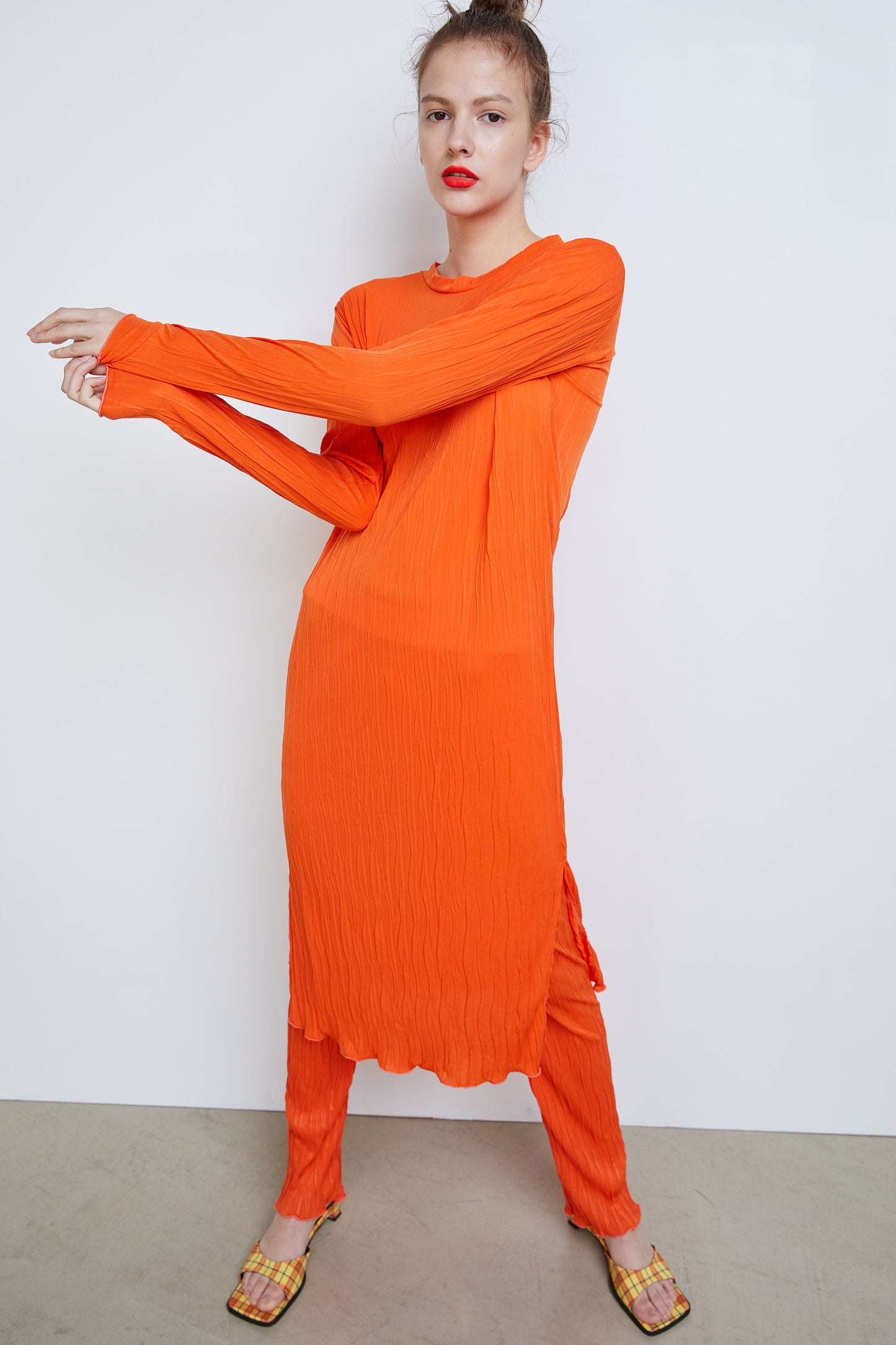 Pleated Long Dress, Orange