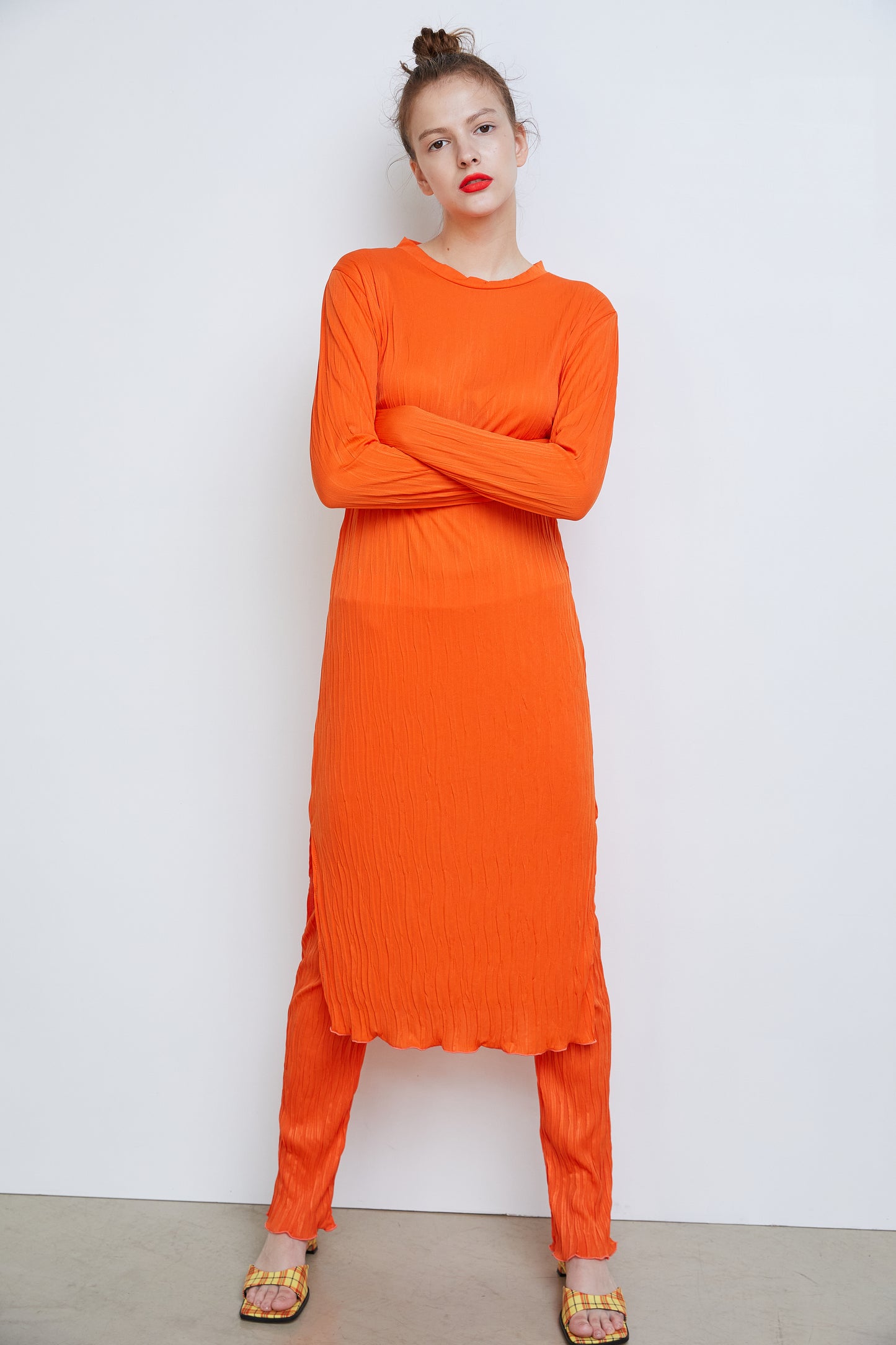 Elastic Waist Pleated Pants, Orange