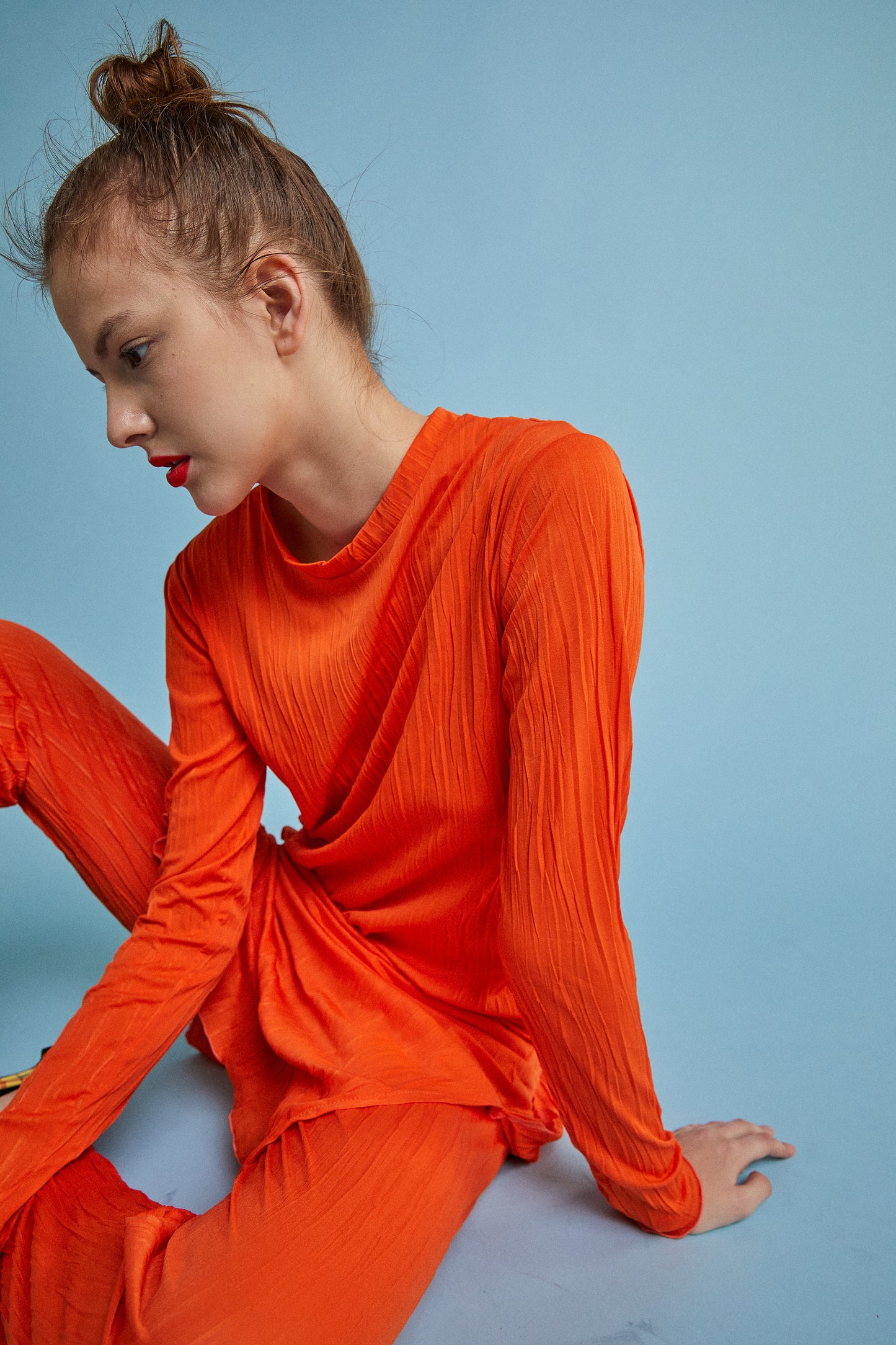 Elastic Waist Pleated Pants, Orange