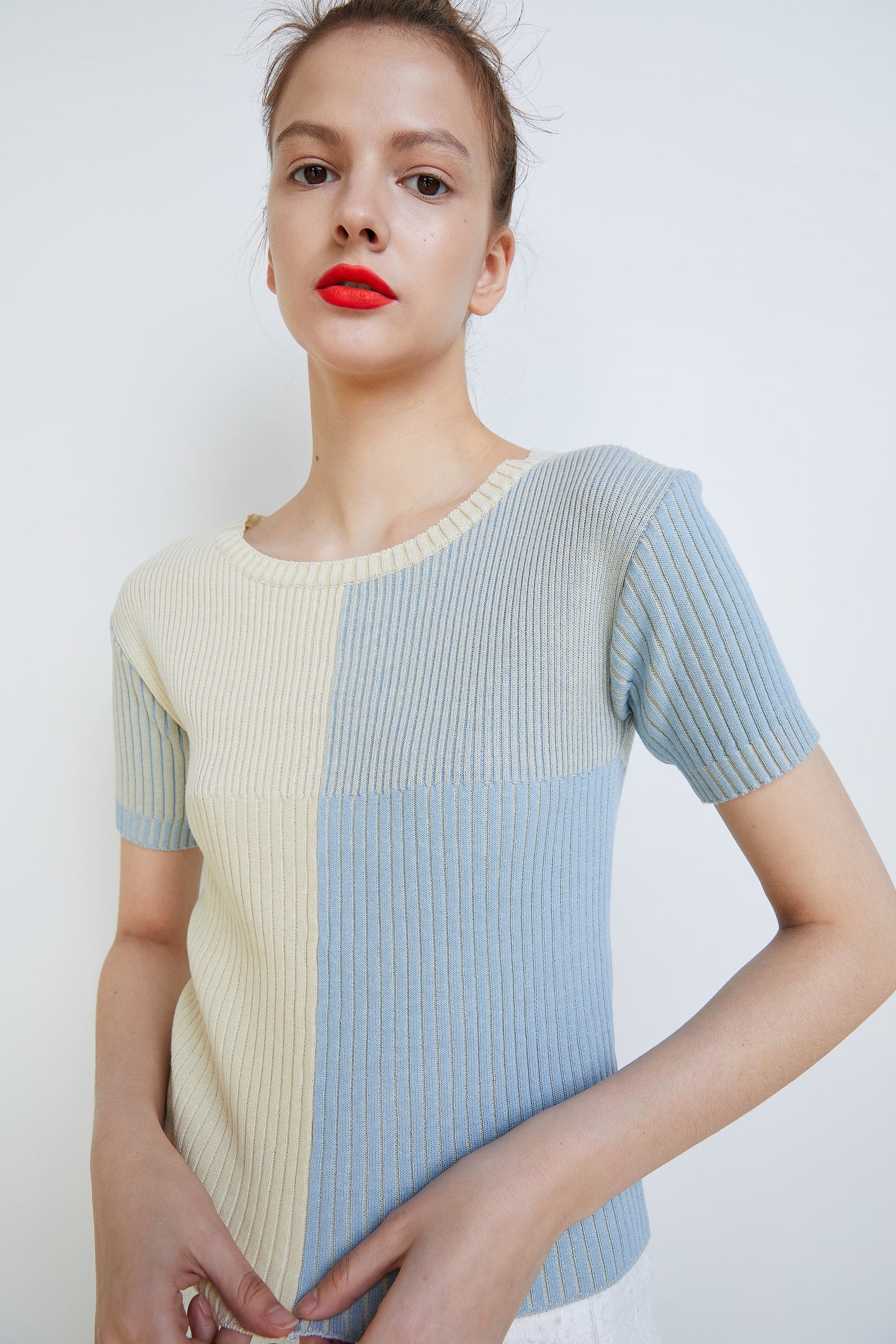 Colorblock Ribbed Knit Top, Blue